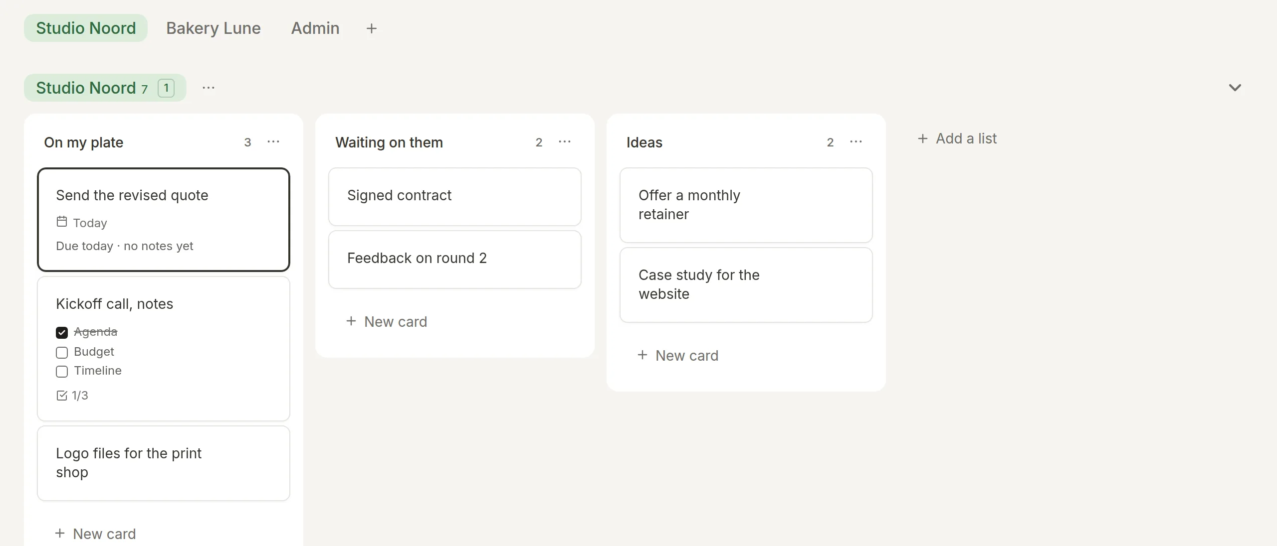 A work board in Morrow: a project for each client and one for admin.