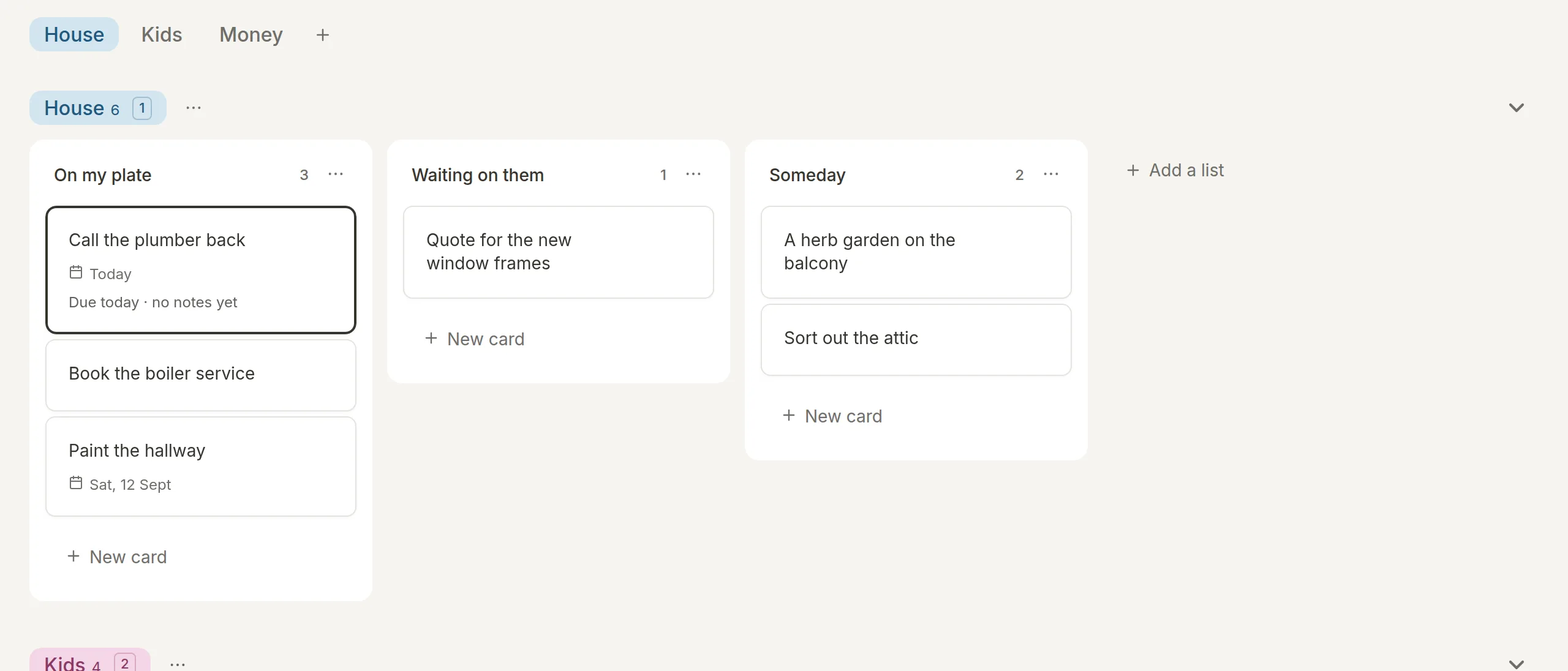 A home board in Morrow: the house, the kids and money.