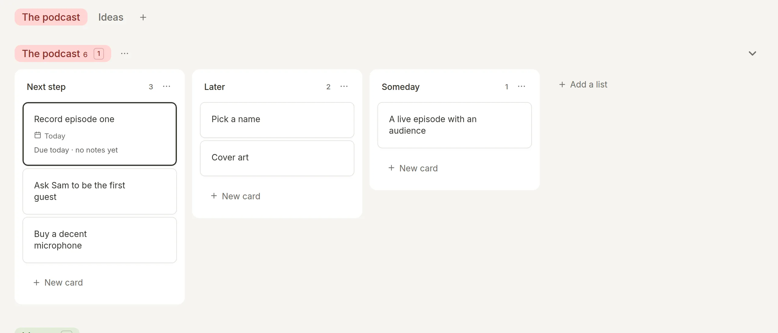 A side project board in Morrow: the next step, and the ideas worth exploring.