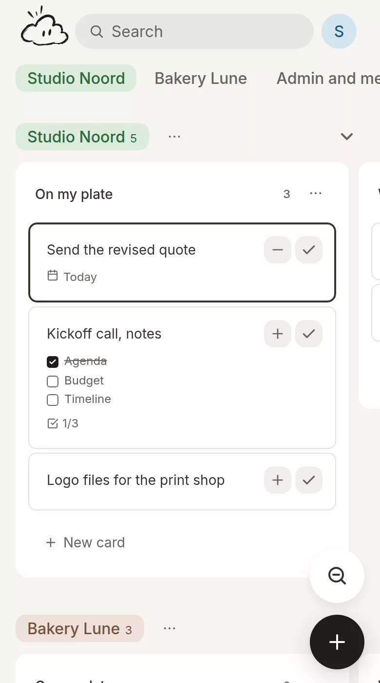 A work board in Morrow: a project for each of two clients, admin and personal things, and an idea for a business of your own.