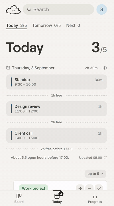 Today with three meetings: a tap on the eye beside the date hides them, a second tap brings them back