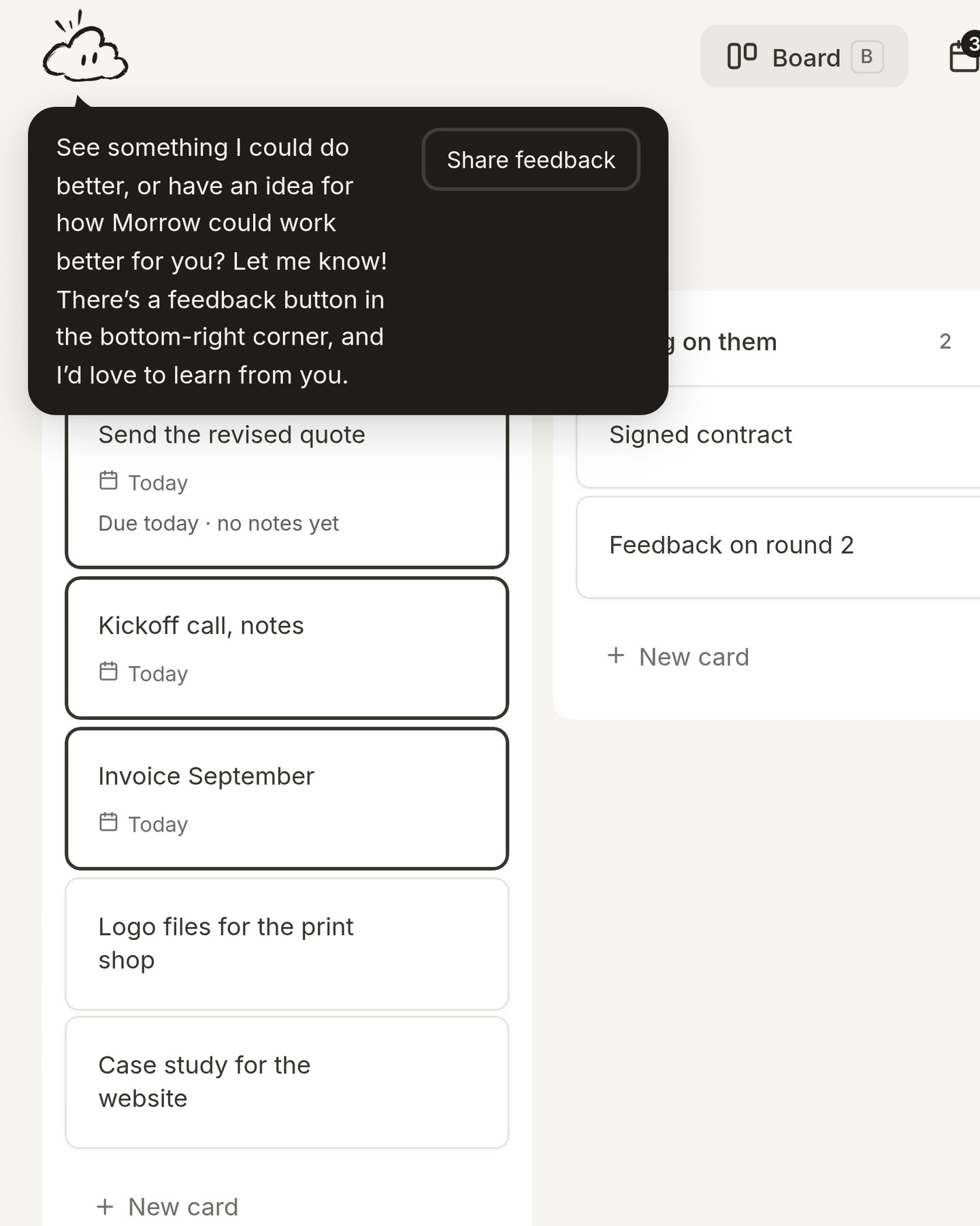 The cloud asking for an idea or something that could be better, with a Share feedback button