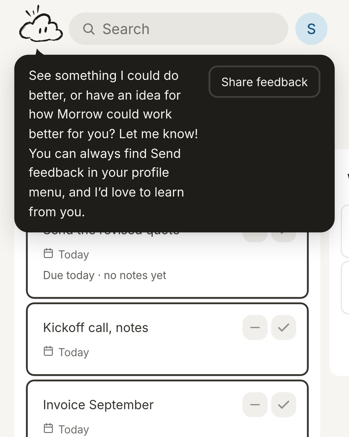 The cloud asking for an idea or something that could be better, with a Share feedback button