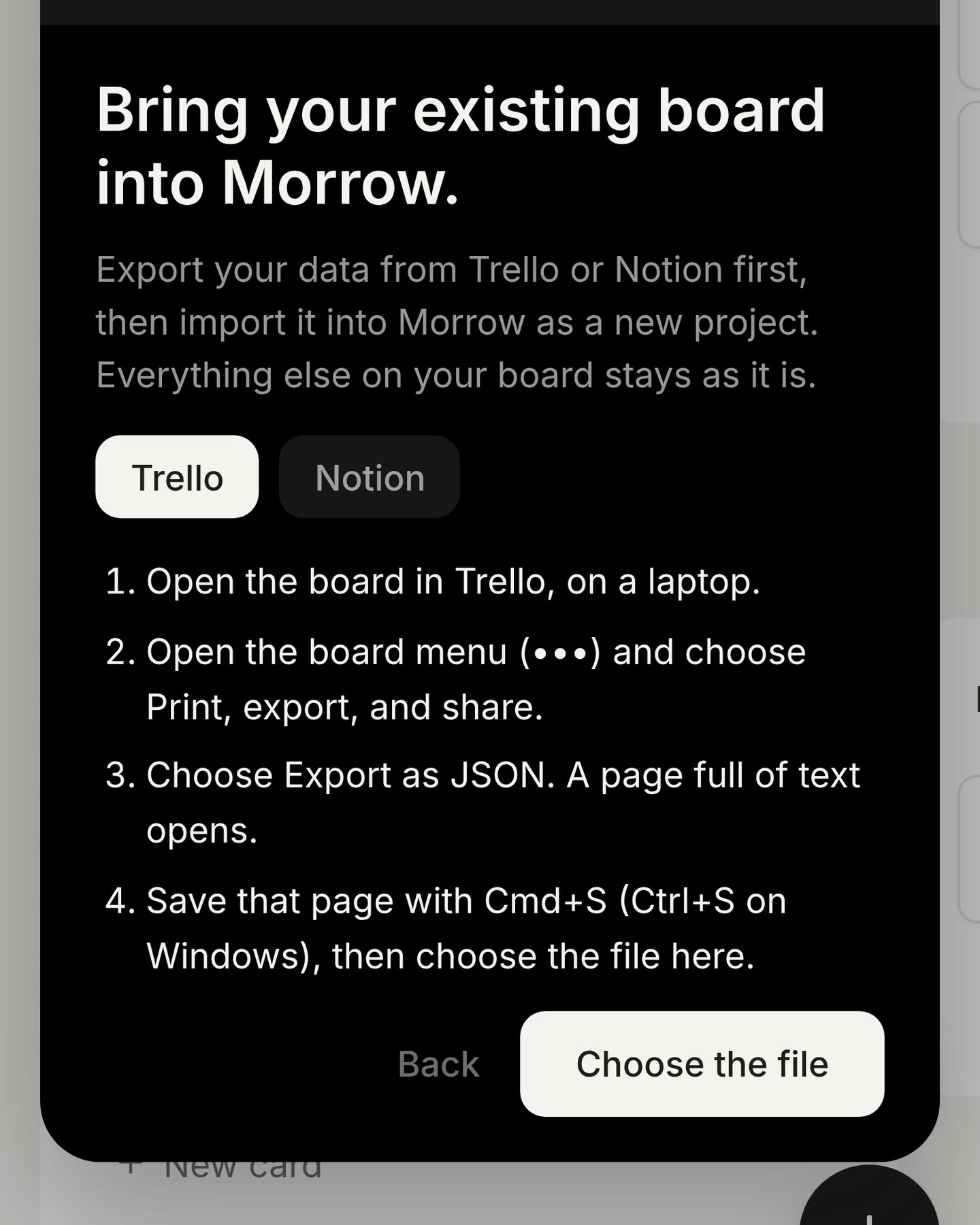 The Brain dump showing the steps to export a board from Trello, with the button Choose the file