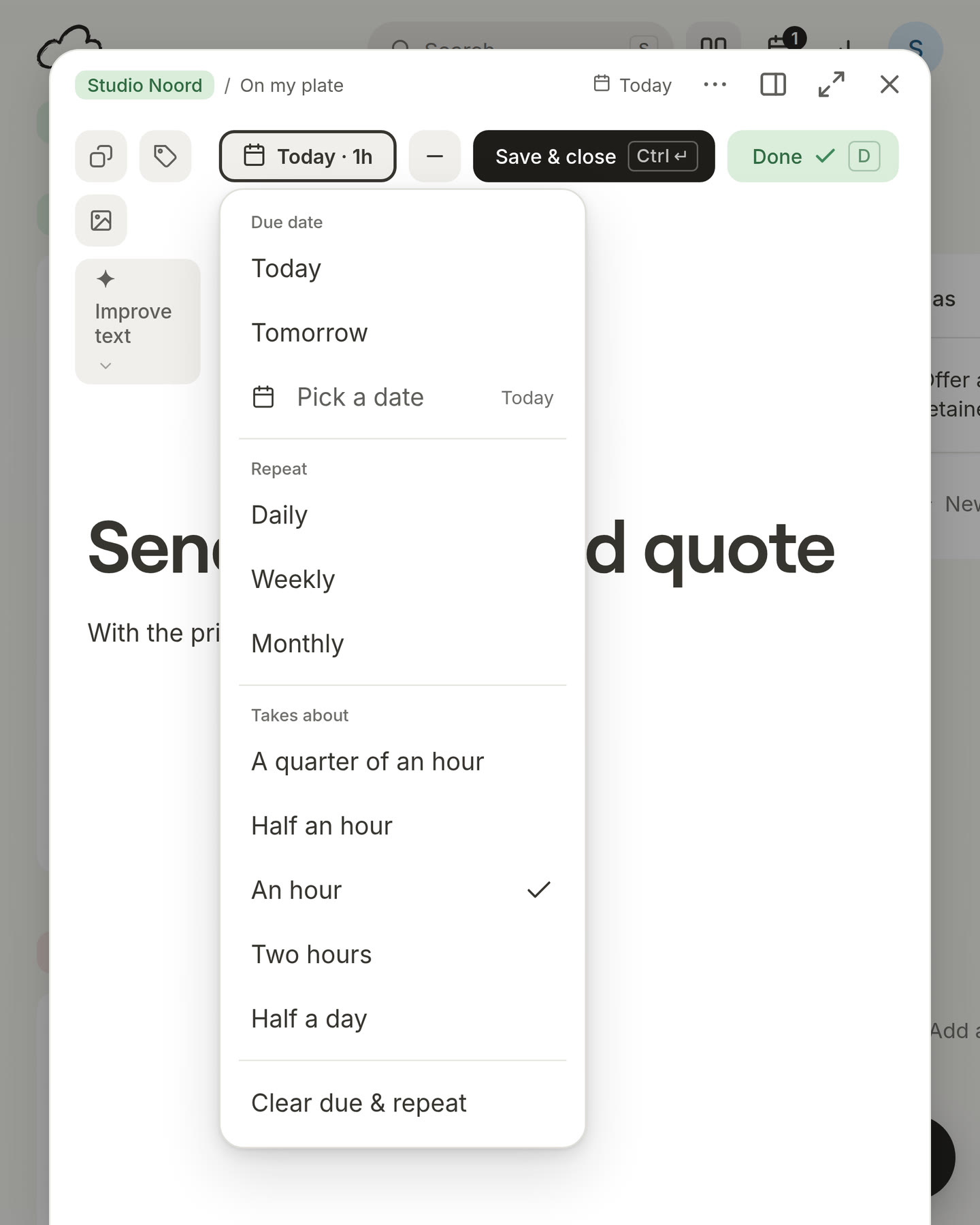 The date menu of a card with Takes about and An hour ticked