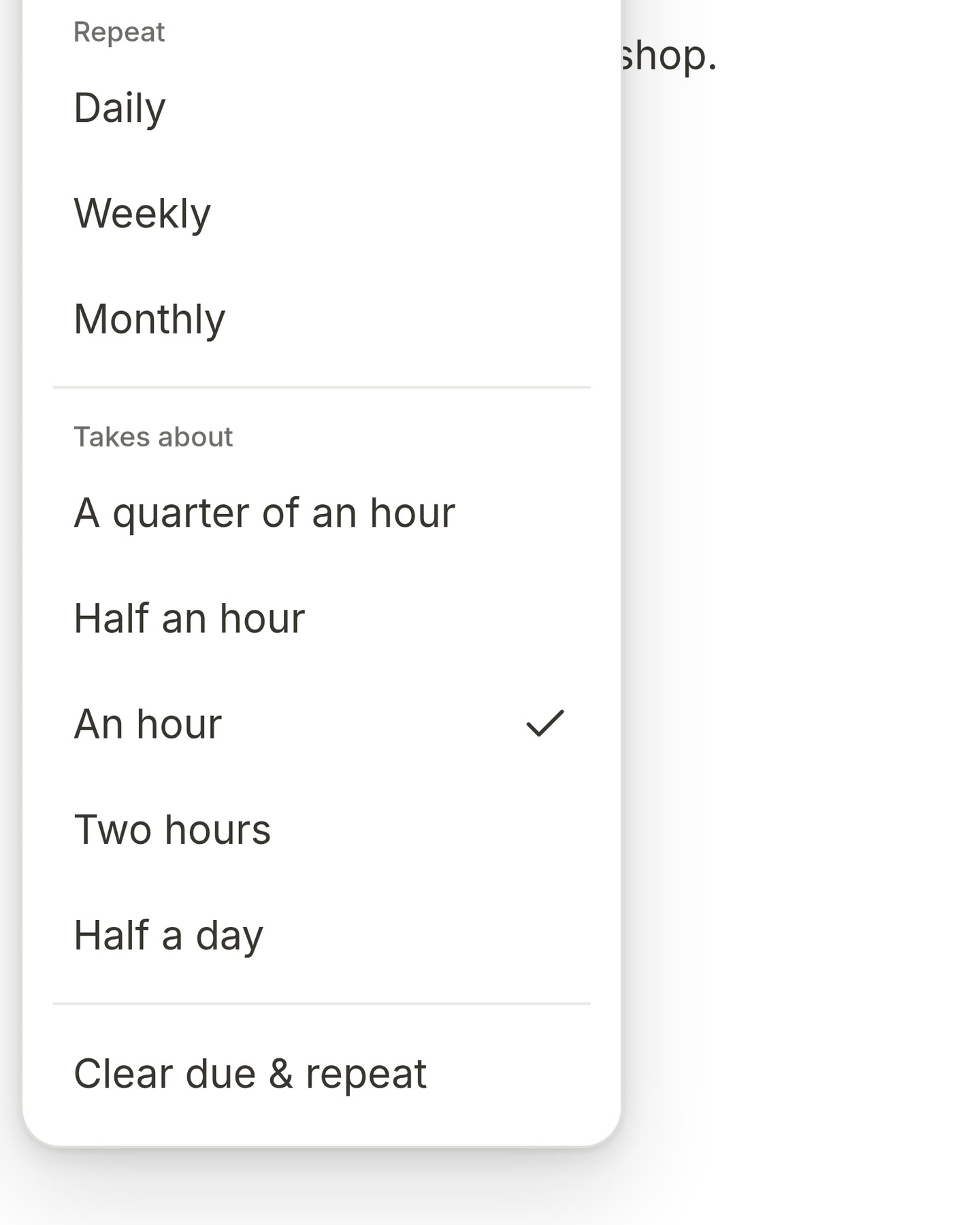 The date menu of a card with Takes about and An hour ticked
