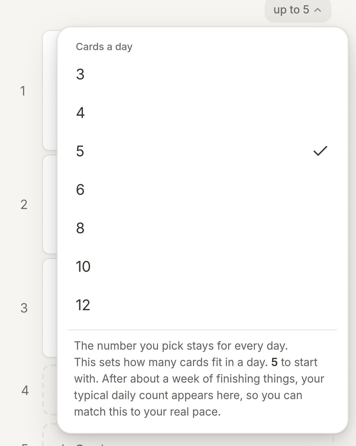 The up to menu on Today with the numbers to choose from and the line that says the number stays for every day