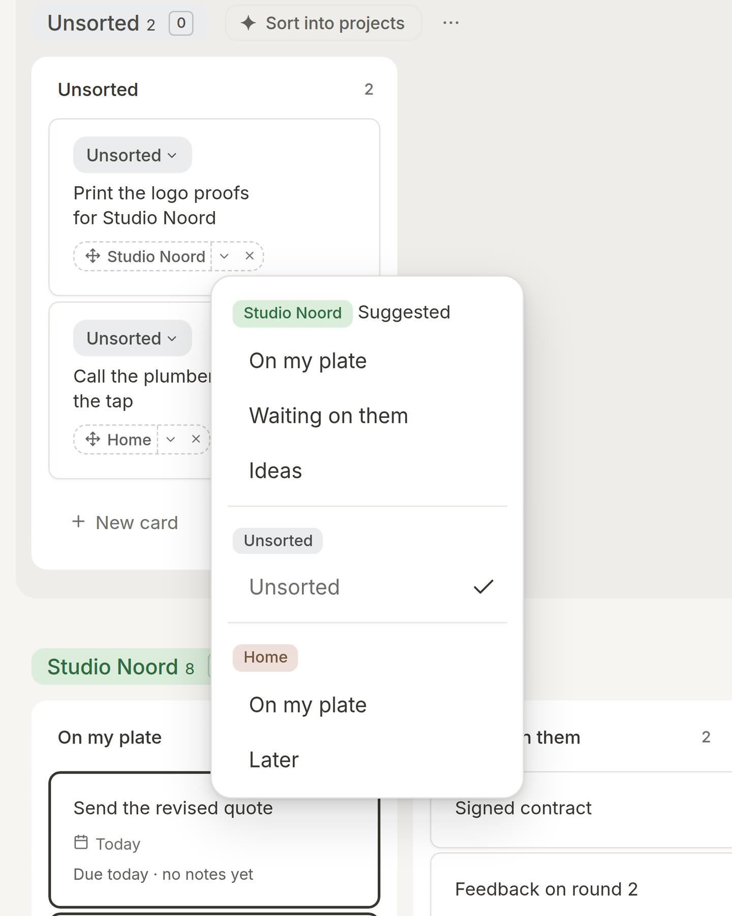 A new card in Unsorted with its suggested project opened as a list, the suggestion at the top