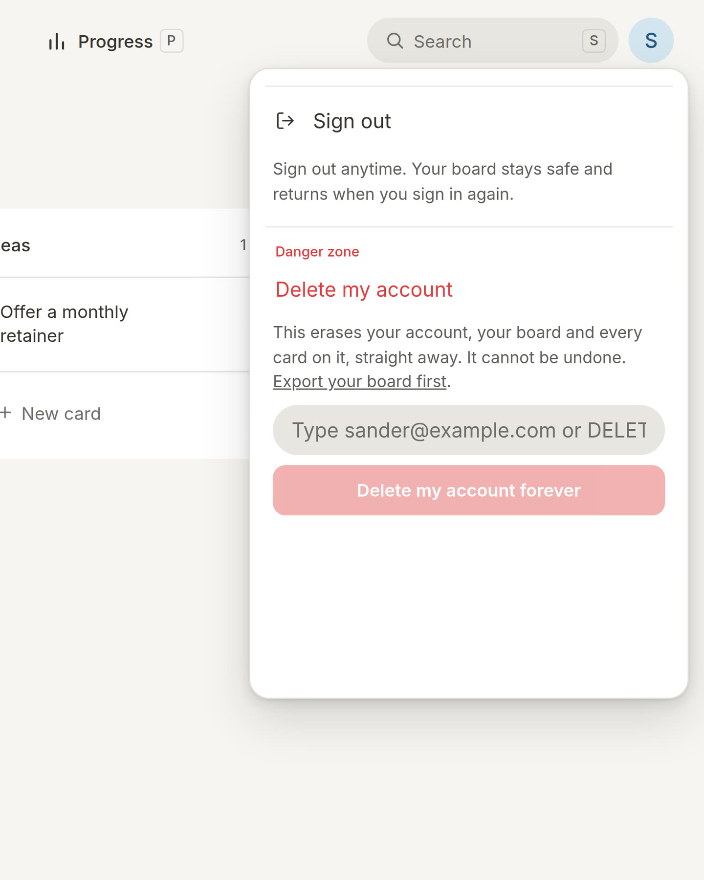 The Danger zone in the account menu, with the field to type your email address or DELETE