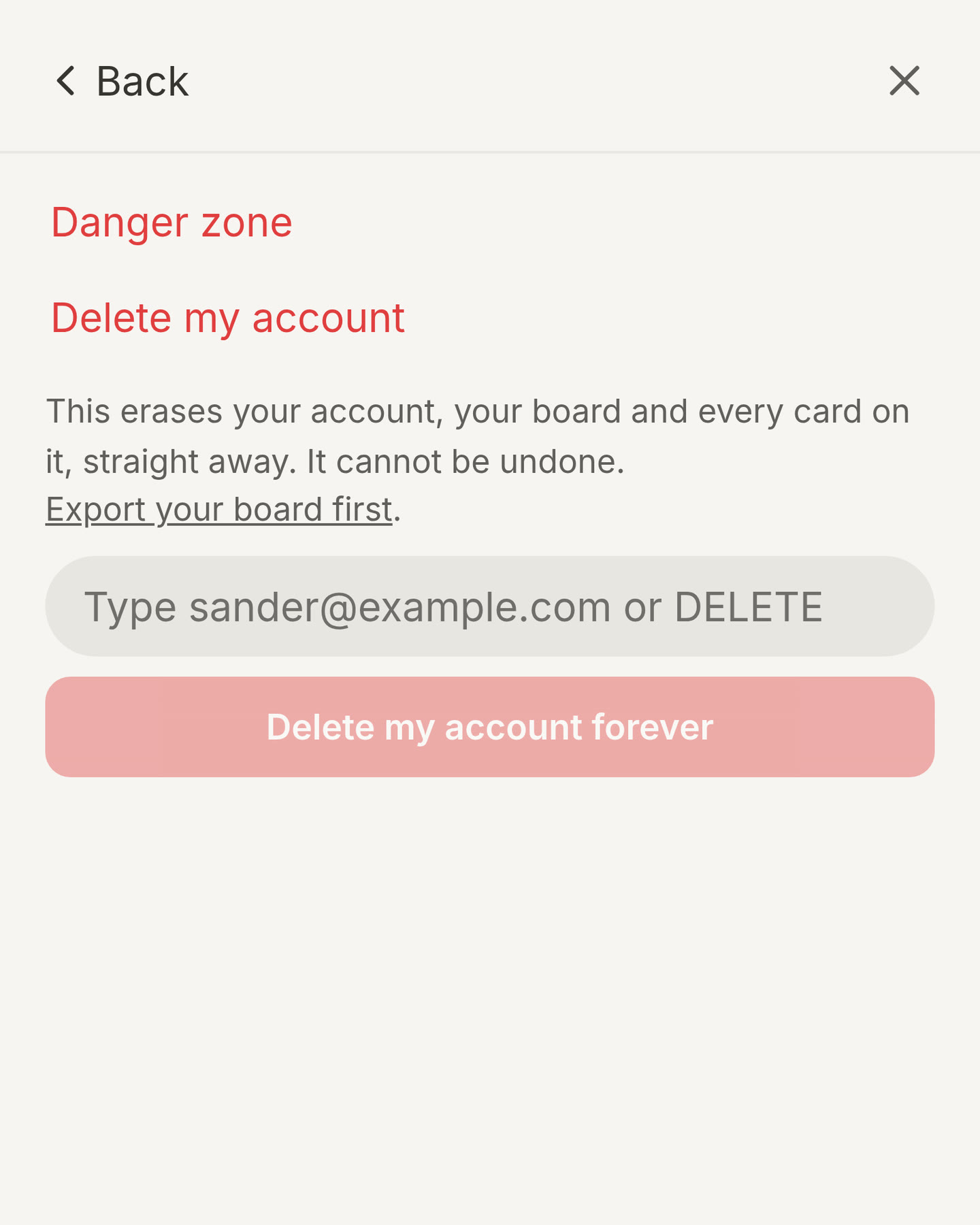 The Danger zone in the account menu, with the field to type your email address or DELETE