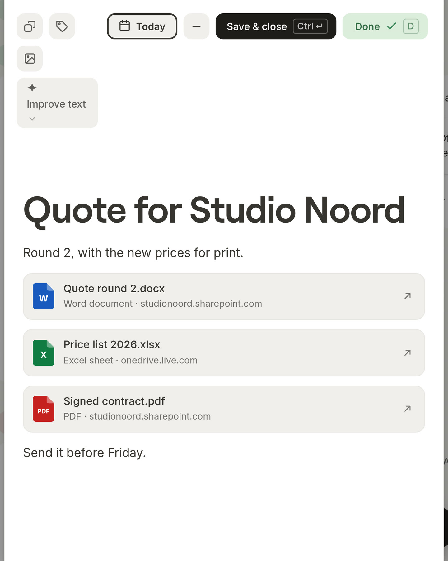 A card with a Word file, an Excel file and a PDF, each a row with its icon, its name and where it lives