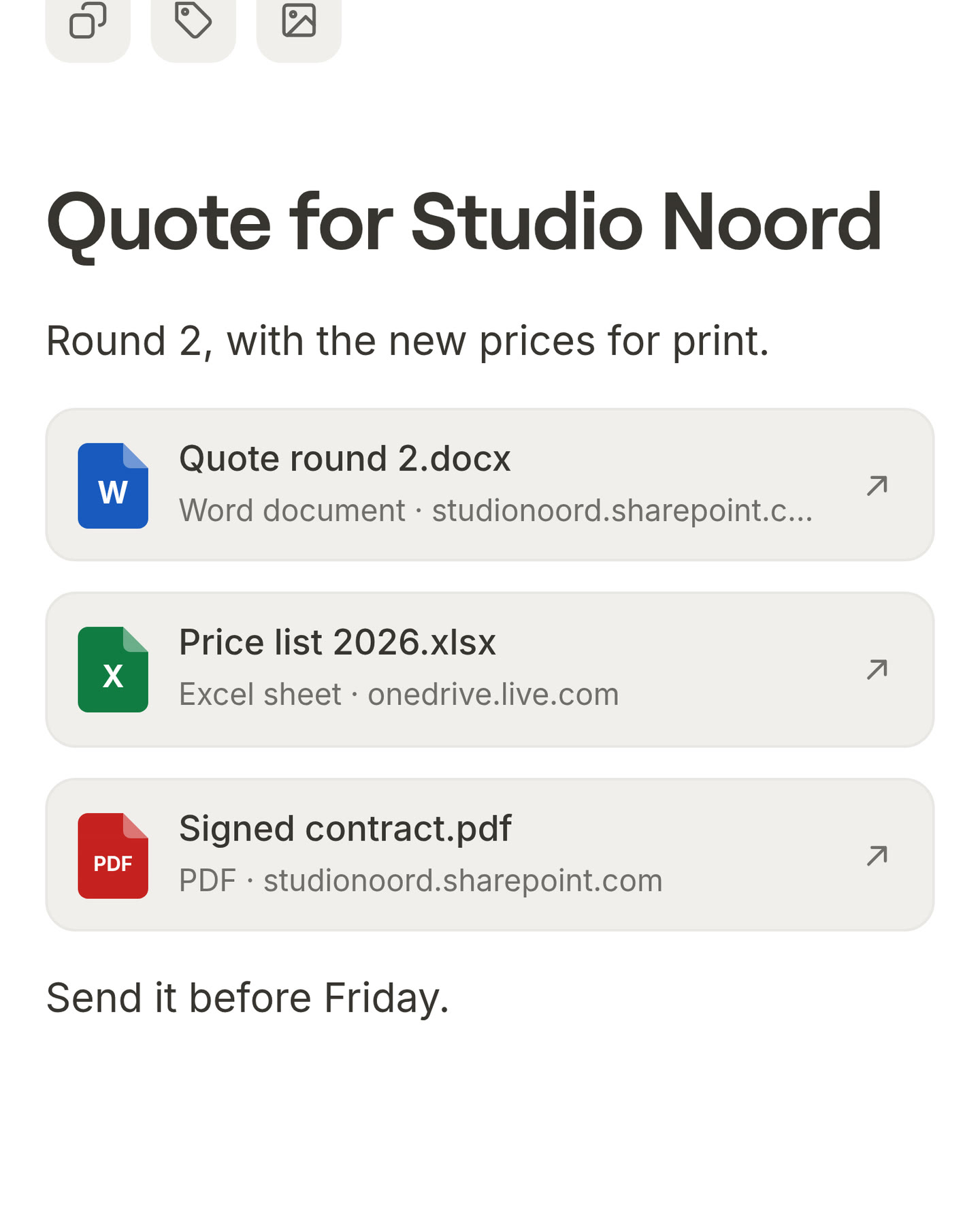 A card with a Word file, an Excel file and a PDF, each a row with its icon, its name and where it lives
