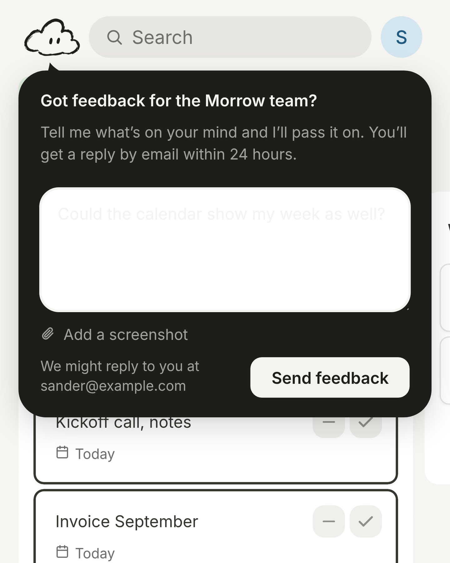 The feedback question from the cloud, with a message typed in