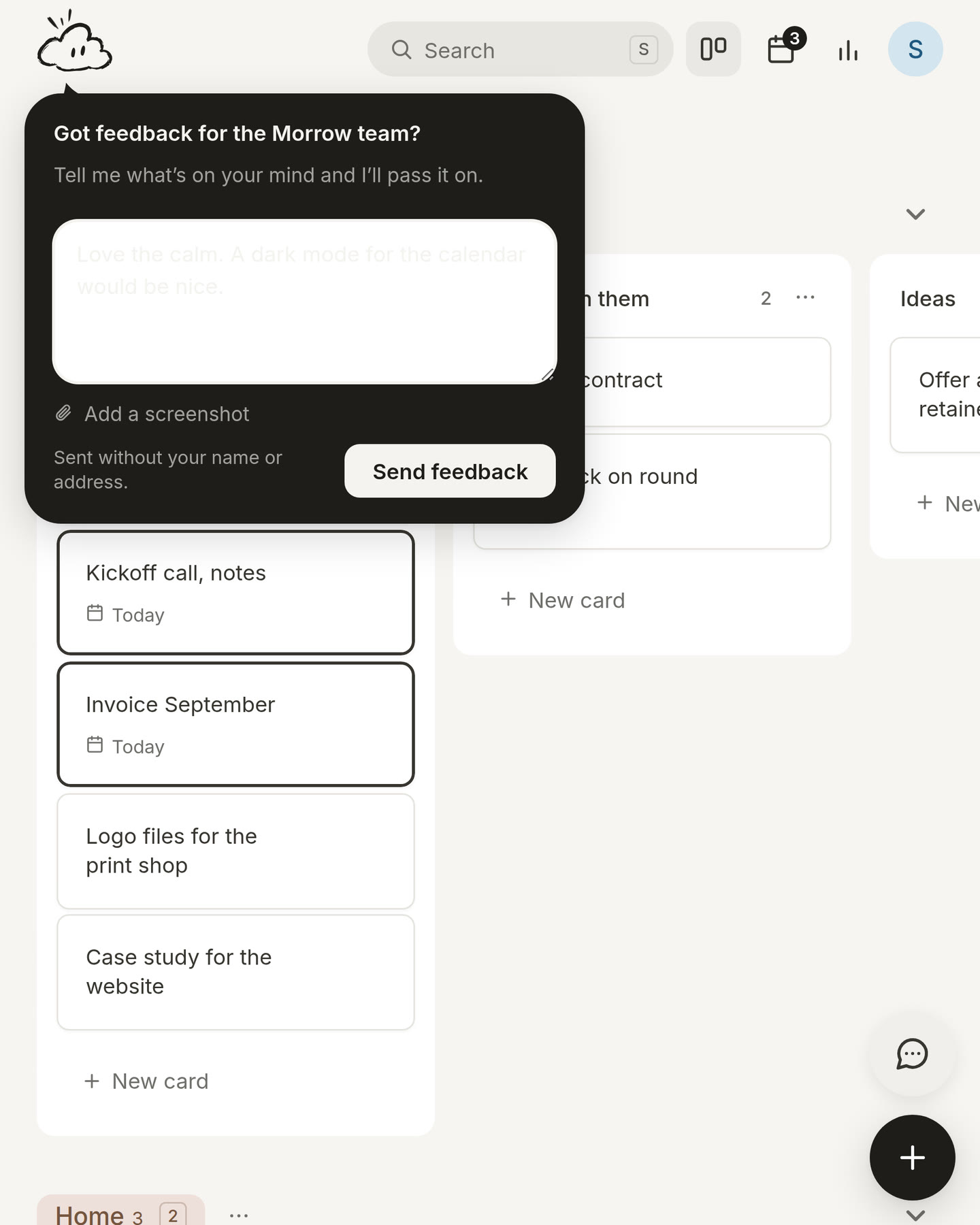 The round feedback button in the bottom right corner and the question from the cloud with a message typed in