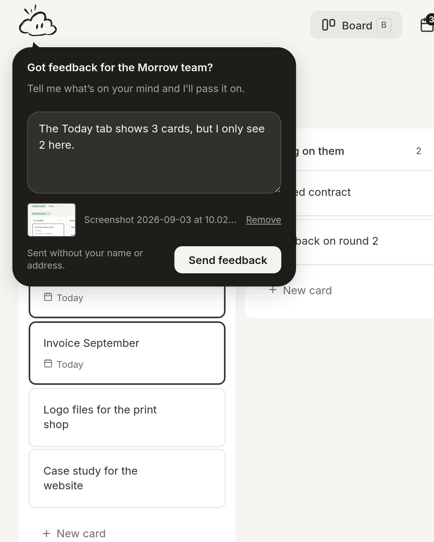The feedback question from the cloud with a message and a screenshot added to it