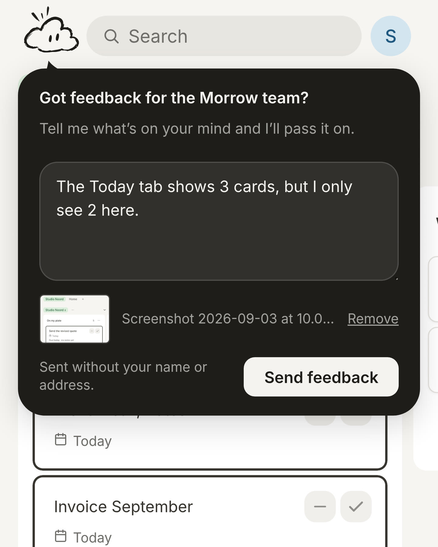 The feedback question from the cloud with a message and a screenshot added to it