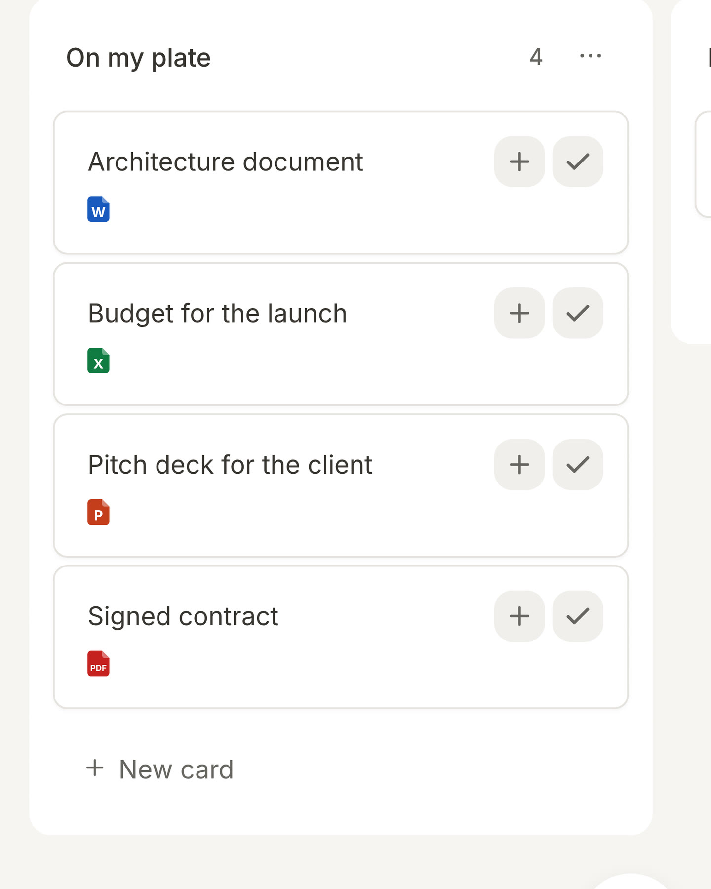 A list on the board with four cards. Each shows a small page under its title: a blue W for a Word document, a green X for Excel, an orange P for PowerPoint and a red PDF