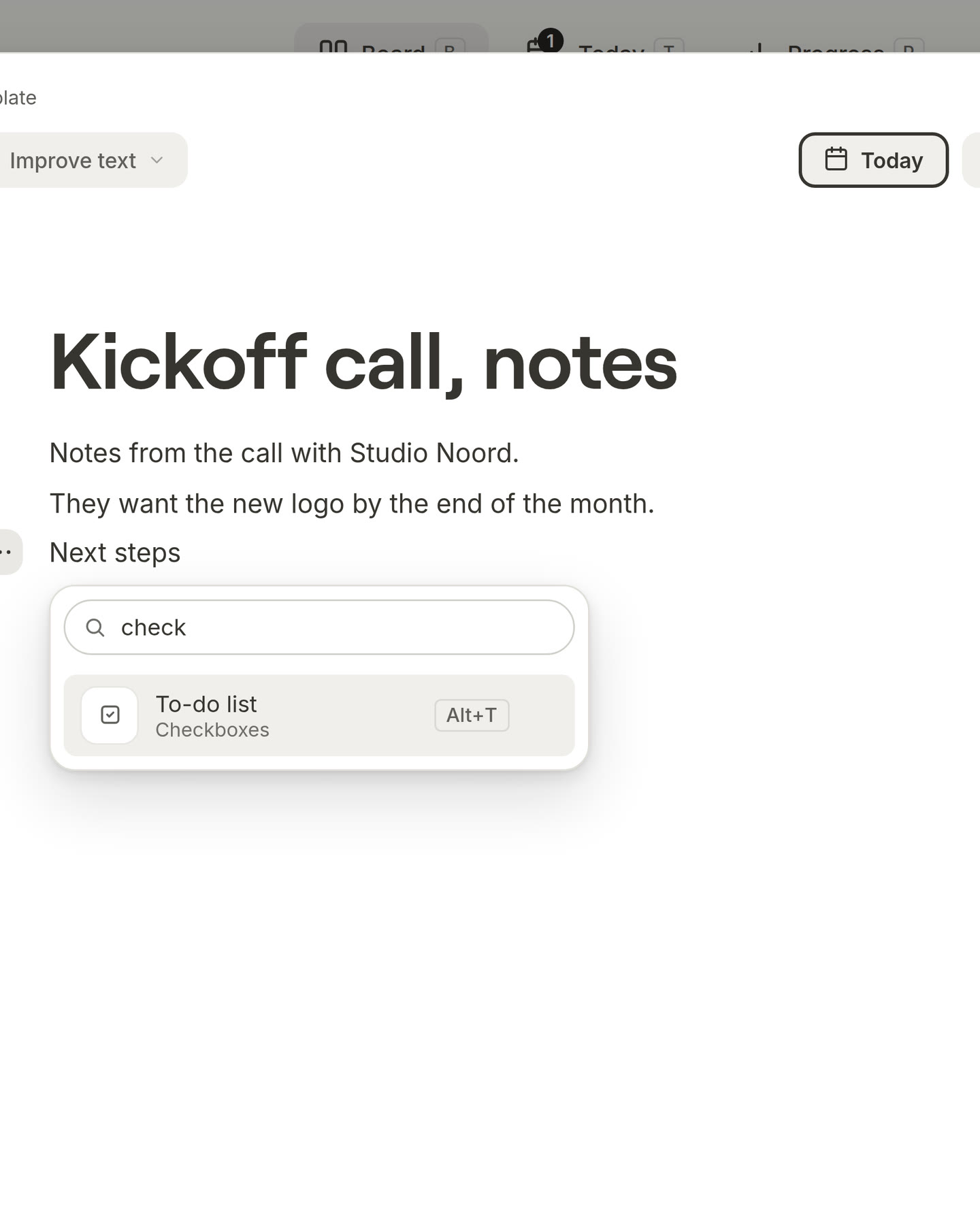 The block menu in a card with check typed in the search field, and To-do list as the match