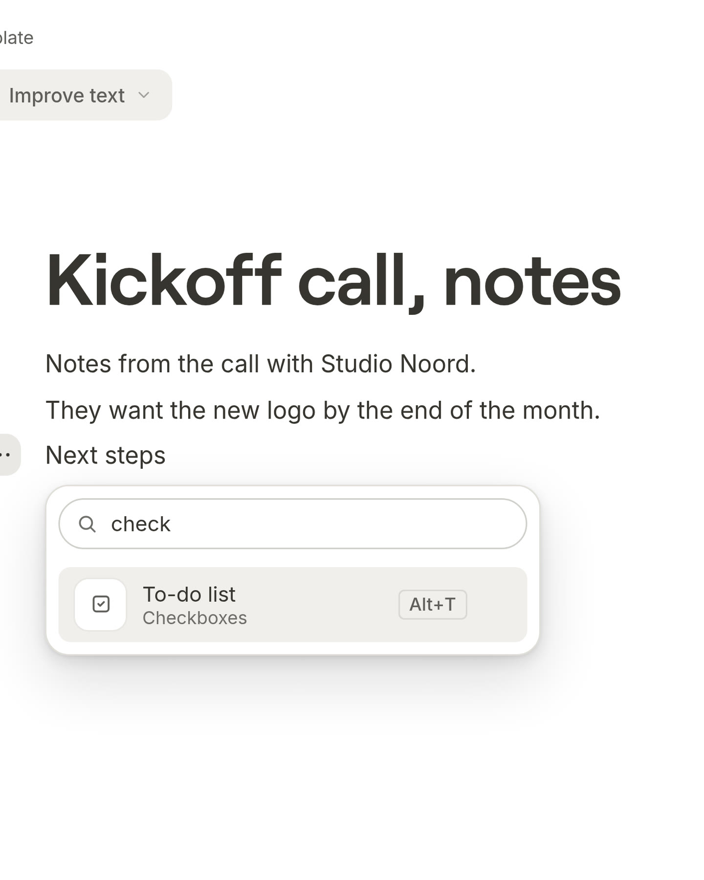 The block menu in a card with check typed in the search field, and To-do list as the match