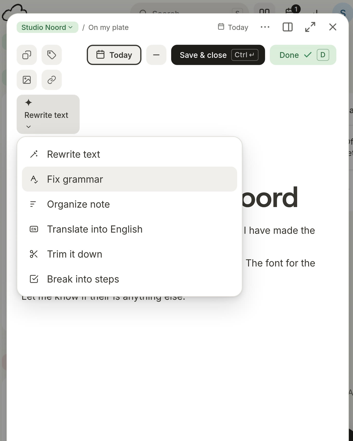 A card with a message full of small mistakes and the AI menu open on Fix grammar