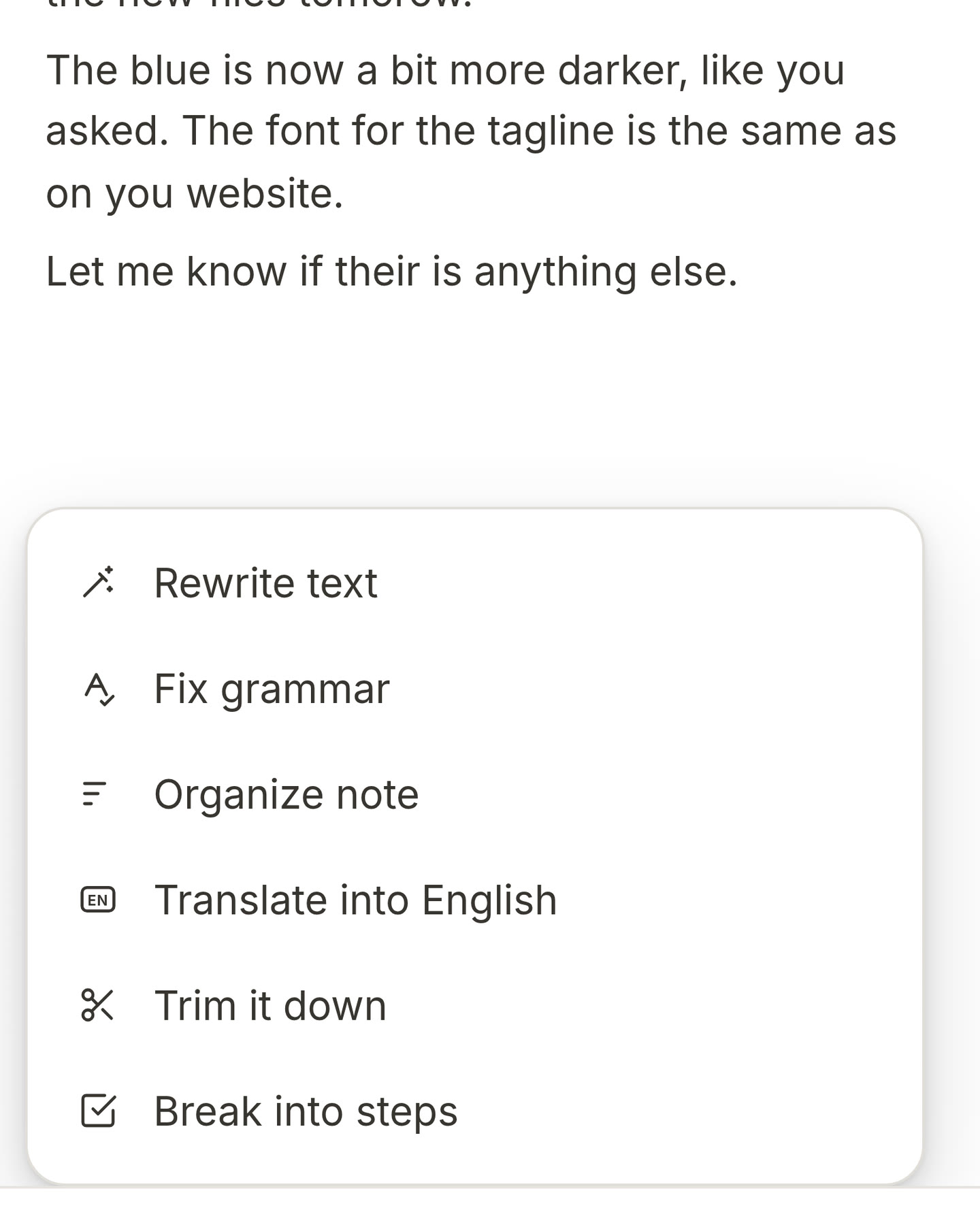 A card with a message full of small mistakes and the AI menu open on Fix grammar