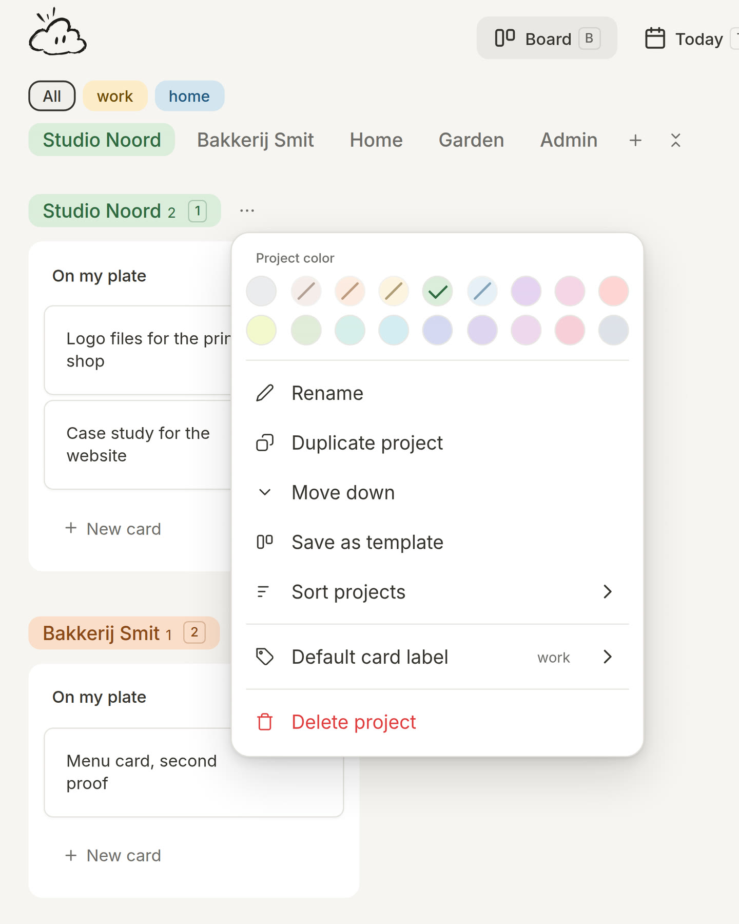 The ⋯ menu of the project Studio Noord, with Sort projects in it