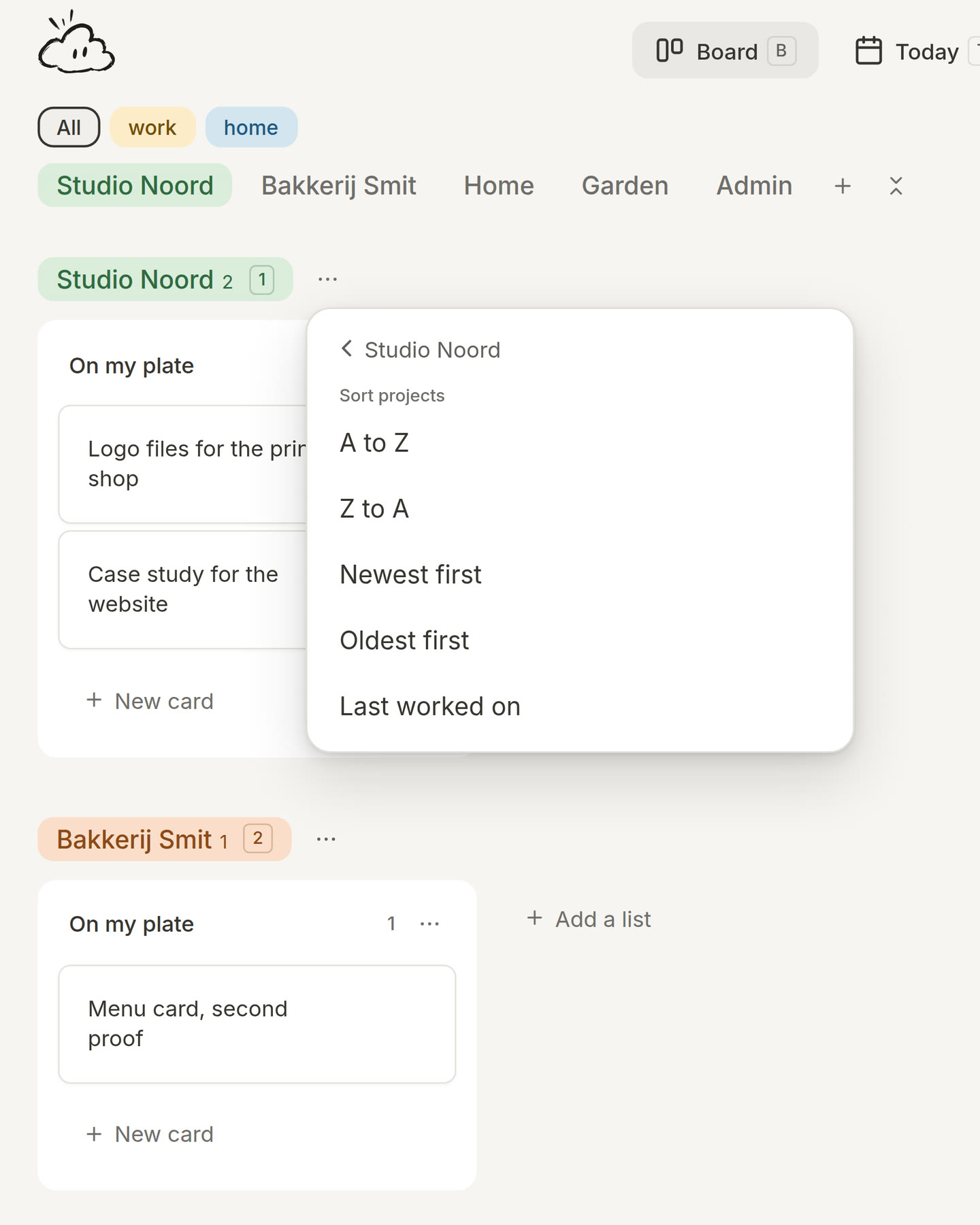 Sort projects open: A to Z, Z to A, Newest first, Oldest first and Last worked on