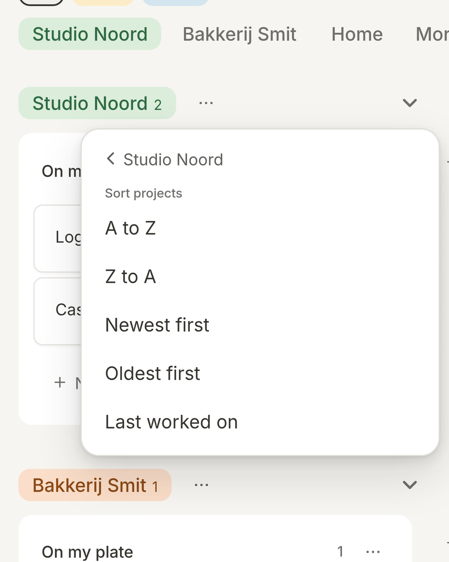 Sort projects open: A to Z, Z to A, Newest first, Oldest first and Last worked on