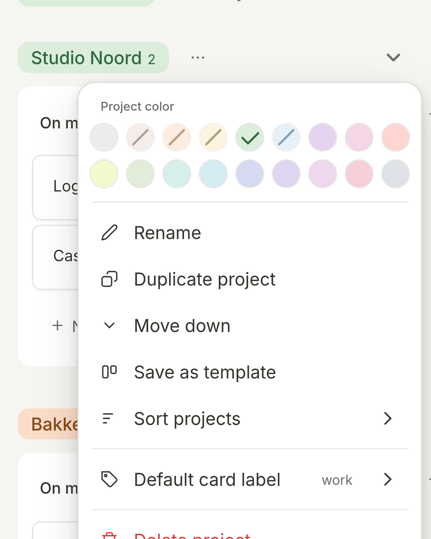 The ⋯ menu of the project Studio Noord, with Sort projects in it