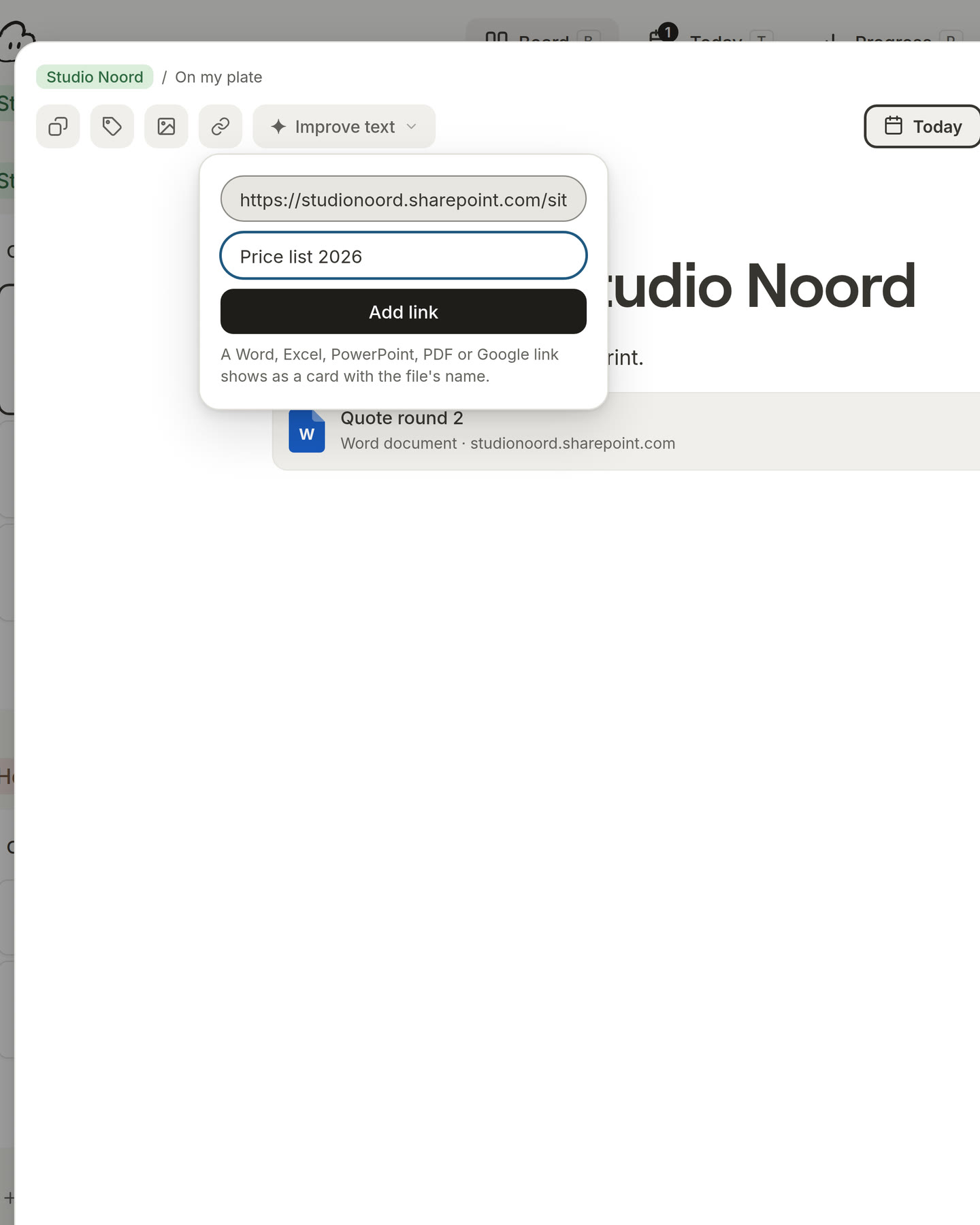 A card with a Word document in it as a card with its name, and the link button beside Photo open: the address of a price list, the name Price list 2026, and Add link