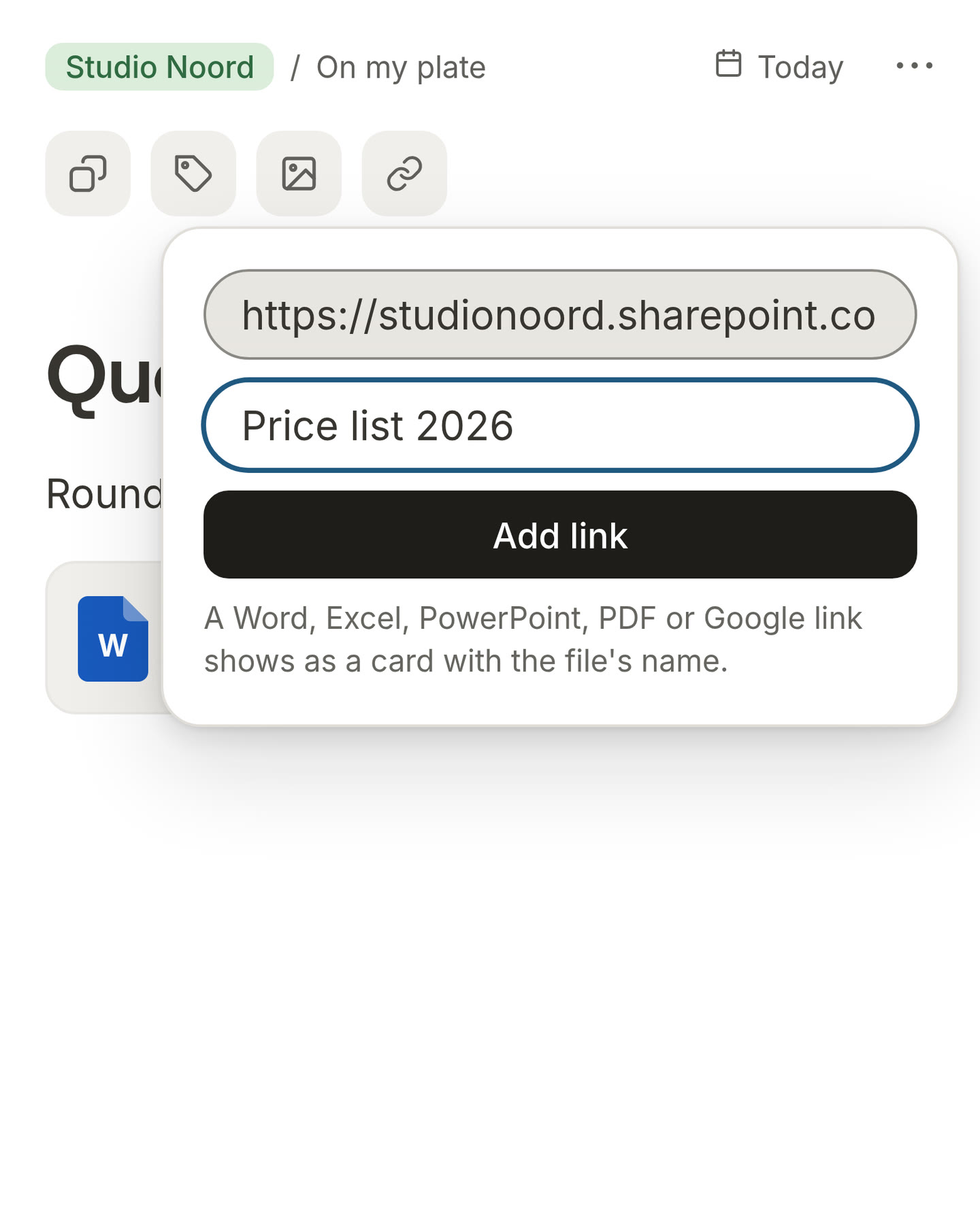 A card with a Word document in it as a card with its name, and the link button beside Photo open: the address of a price list, the name Price list 2026, and Add link
