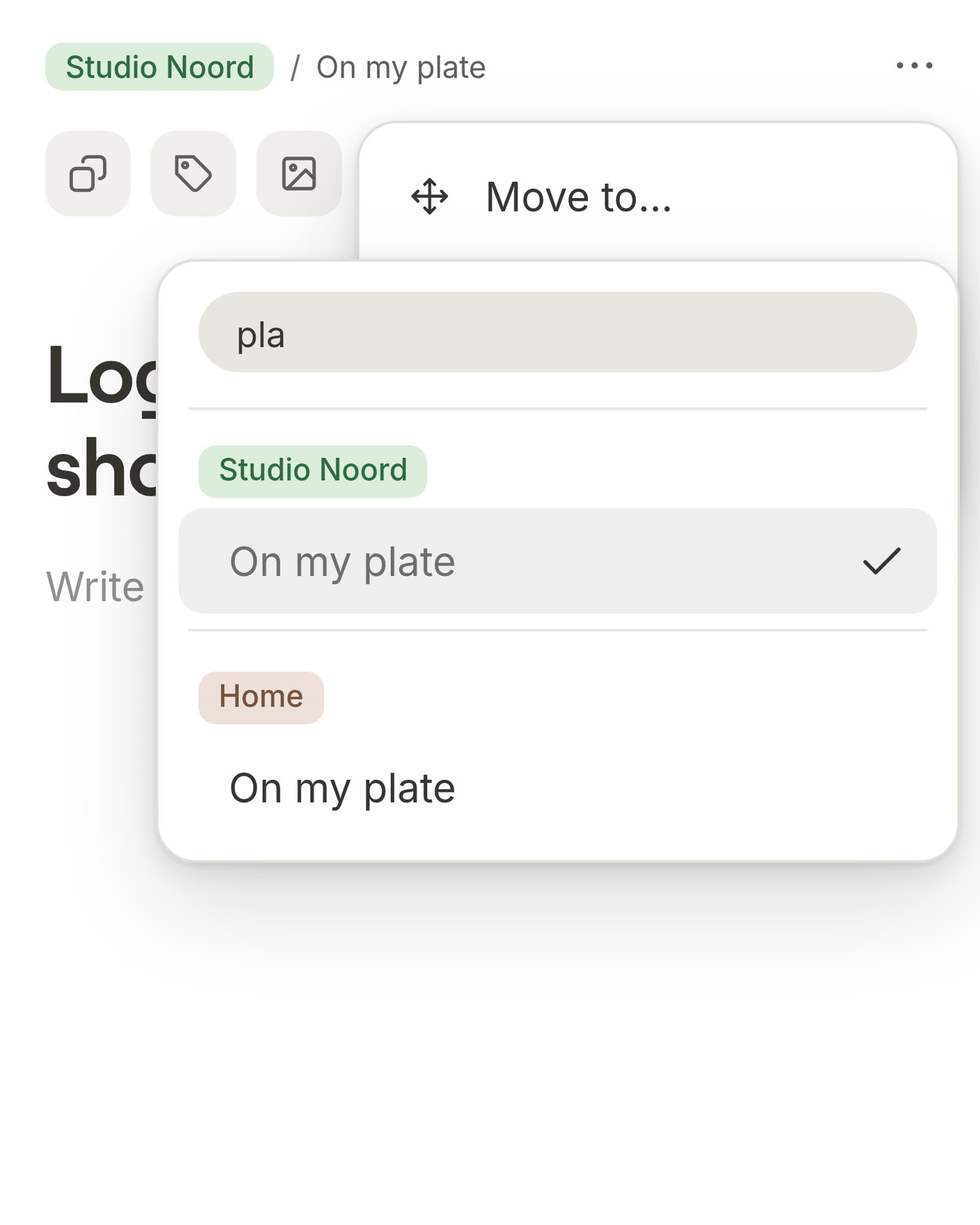 Move to on an open card, with pla typed in the find field and only the lists called On my plate left
