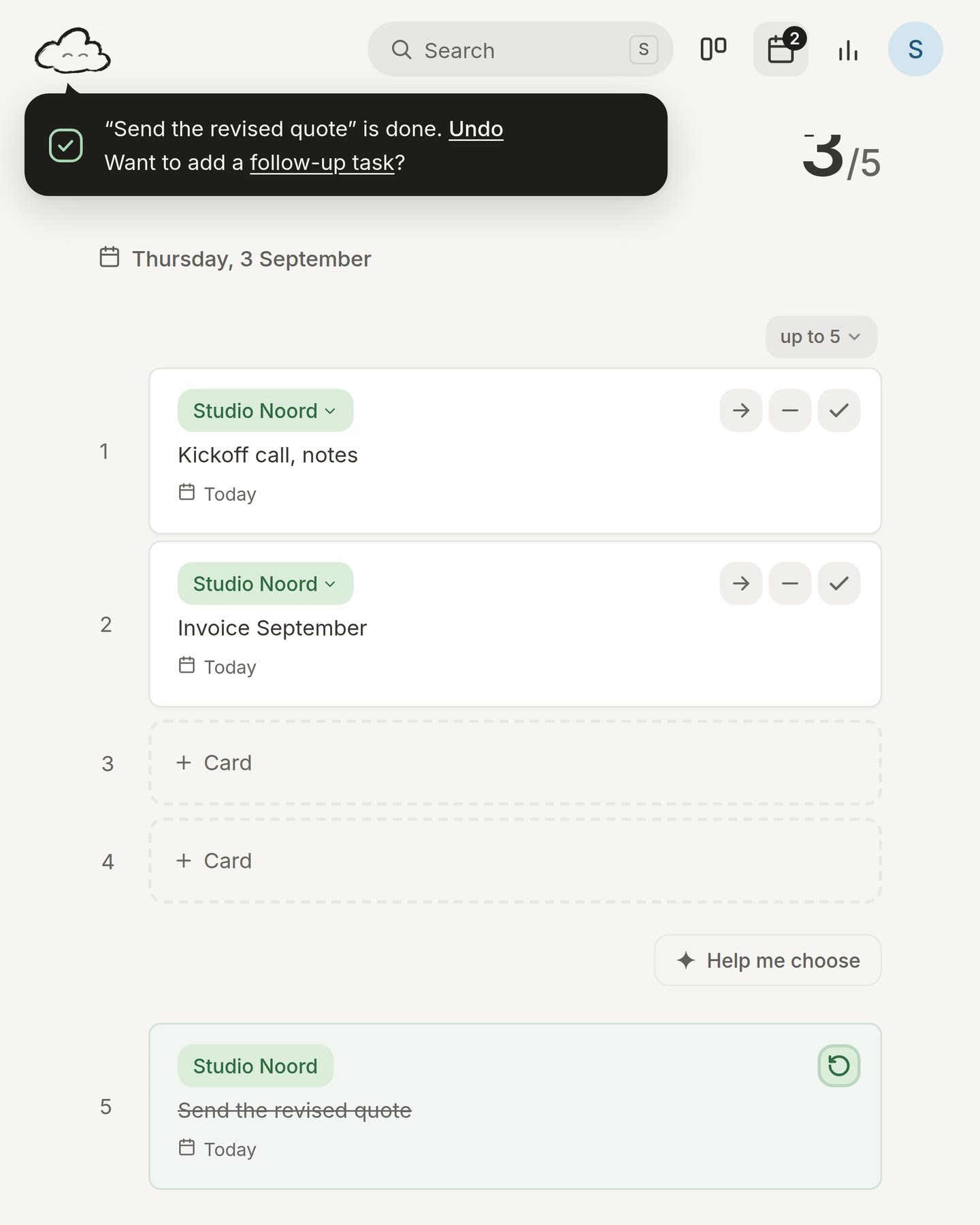 Today right after ticking off Send the revised quote: the card is in Done, and the message in the corner says it is done and asks Want to add a follow-up task?
