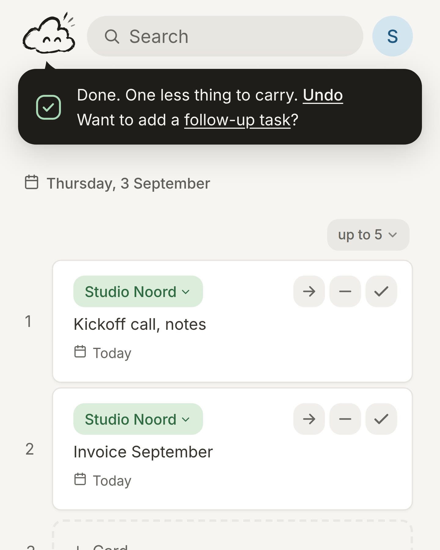 Today right after ticking off Send the revised quote: the card is in Done, and the message in the corner says it is done and asks Want to add a follow-up task?