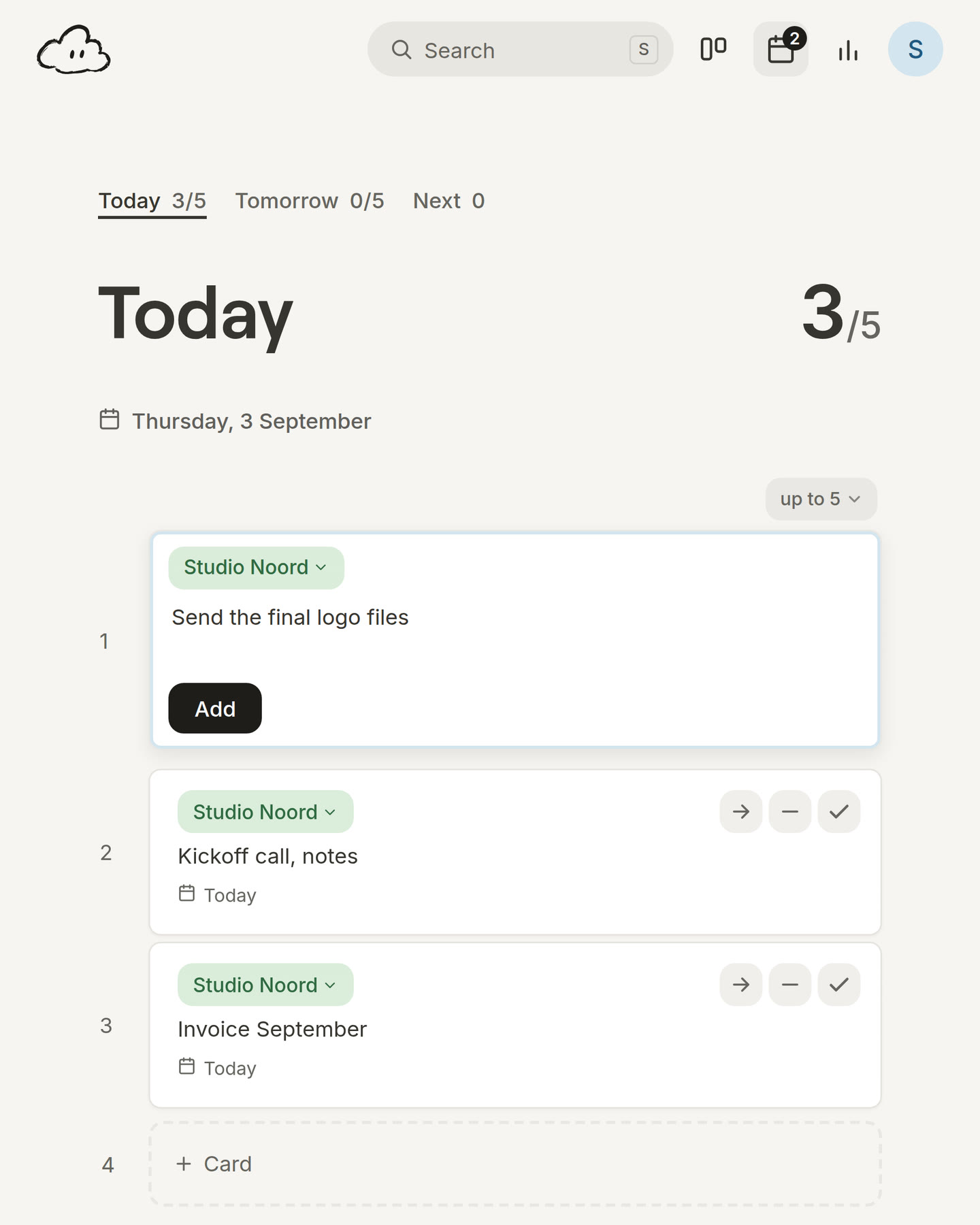 Today after pressing follow-up task: at the top of the day a new card for Studio Noord is being written, Send the final logo files, with an Add button