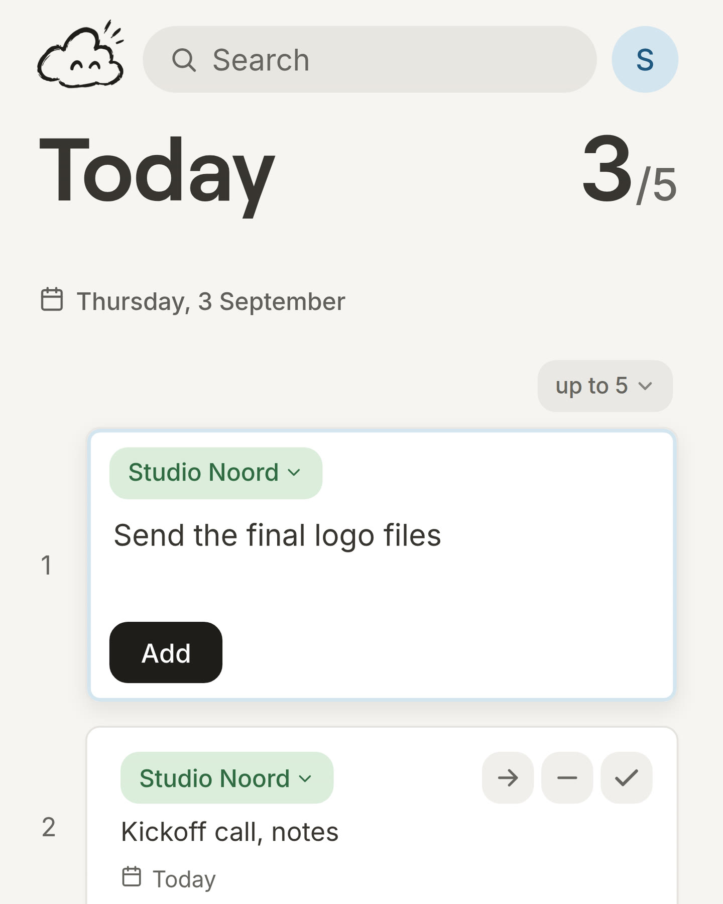 Today after pressing follow-up task: at the top of the day a new card for Studio Noord is being written, Send the final logo files, with an Add button