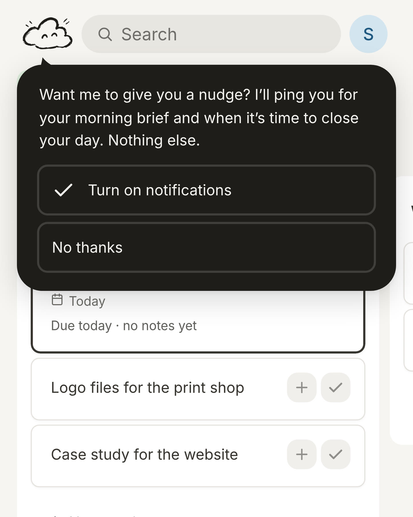The cloud asking if it may send a nudge for the morning brief and the close of the day, with Turn on notifications and No thanks
