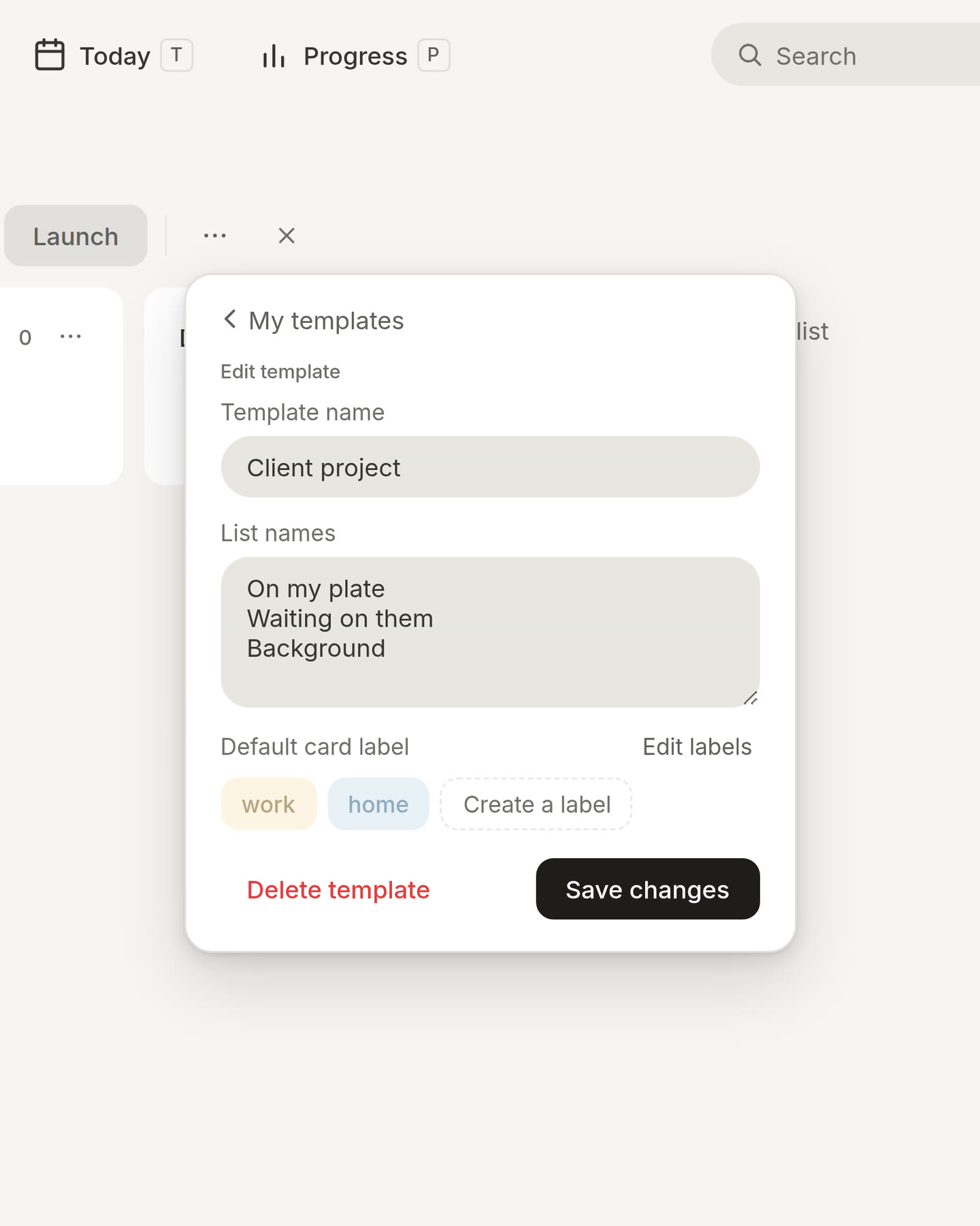 Editing the Client project template: its name, its list names, and work and home as a default card label