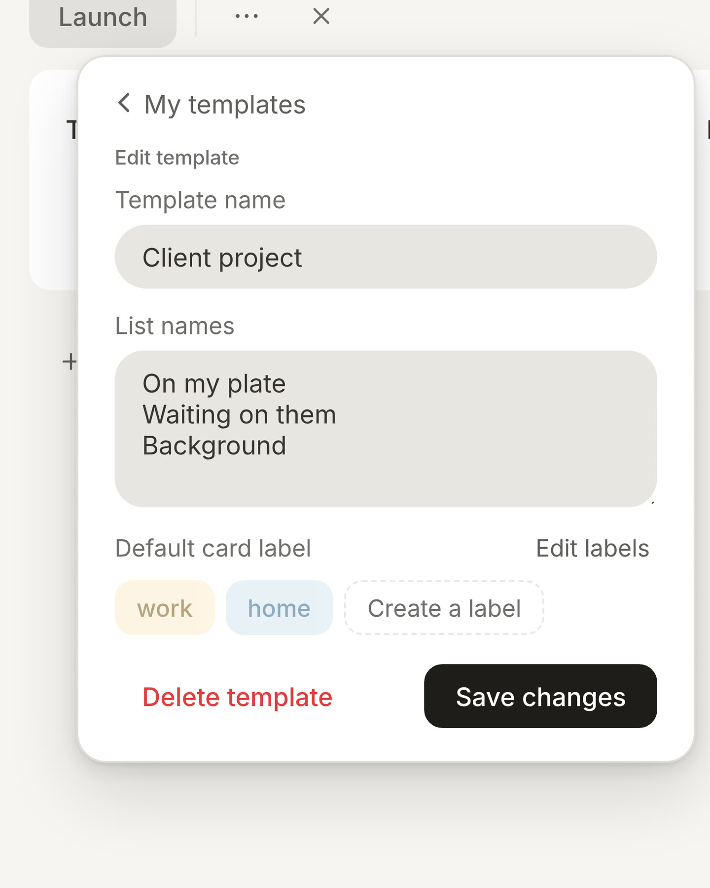 Editing the Client project template: its name, its list names, and work and home as a default card label