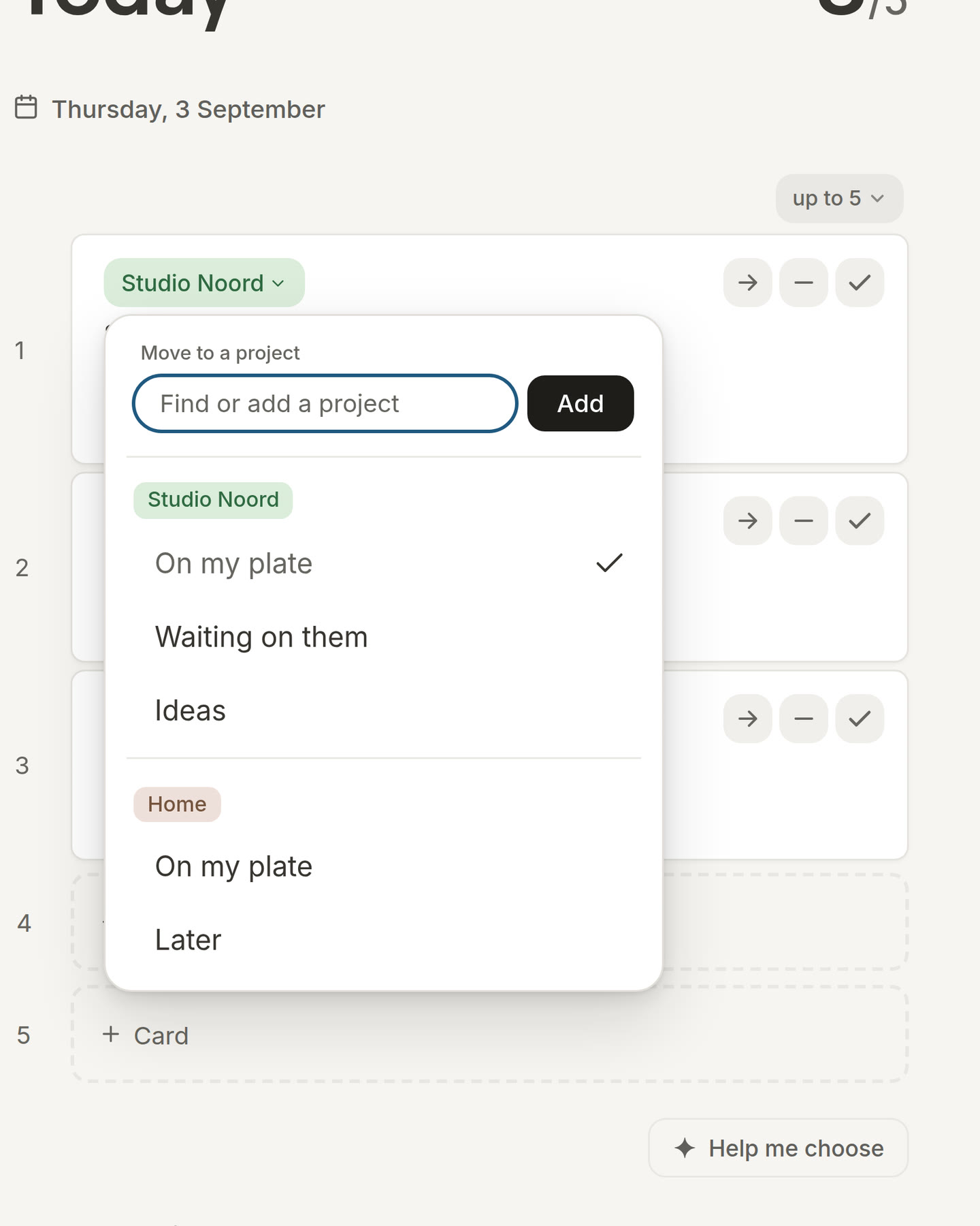 Today with a card for Studio Noord whose project label is pressed: a list opens with a search field and every project with its lists, ready to move the card