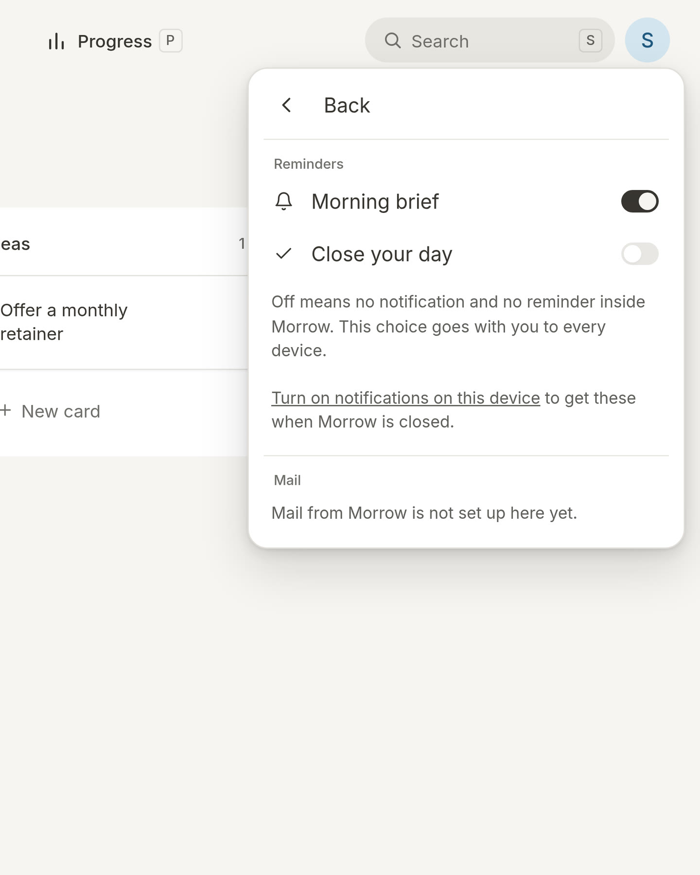 The Notifications menu with a switch for Morning brief, on, and one for Close your day, off