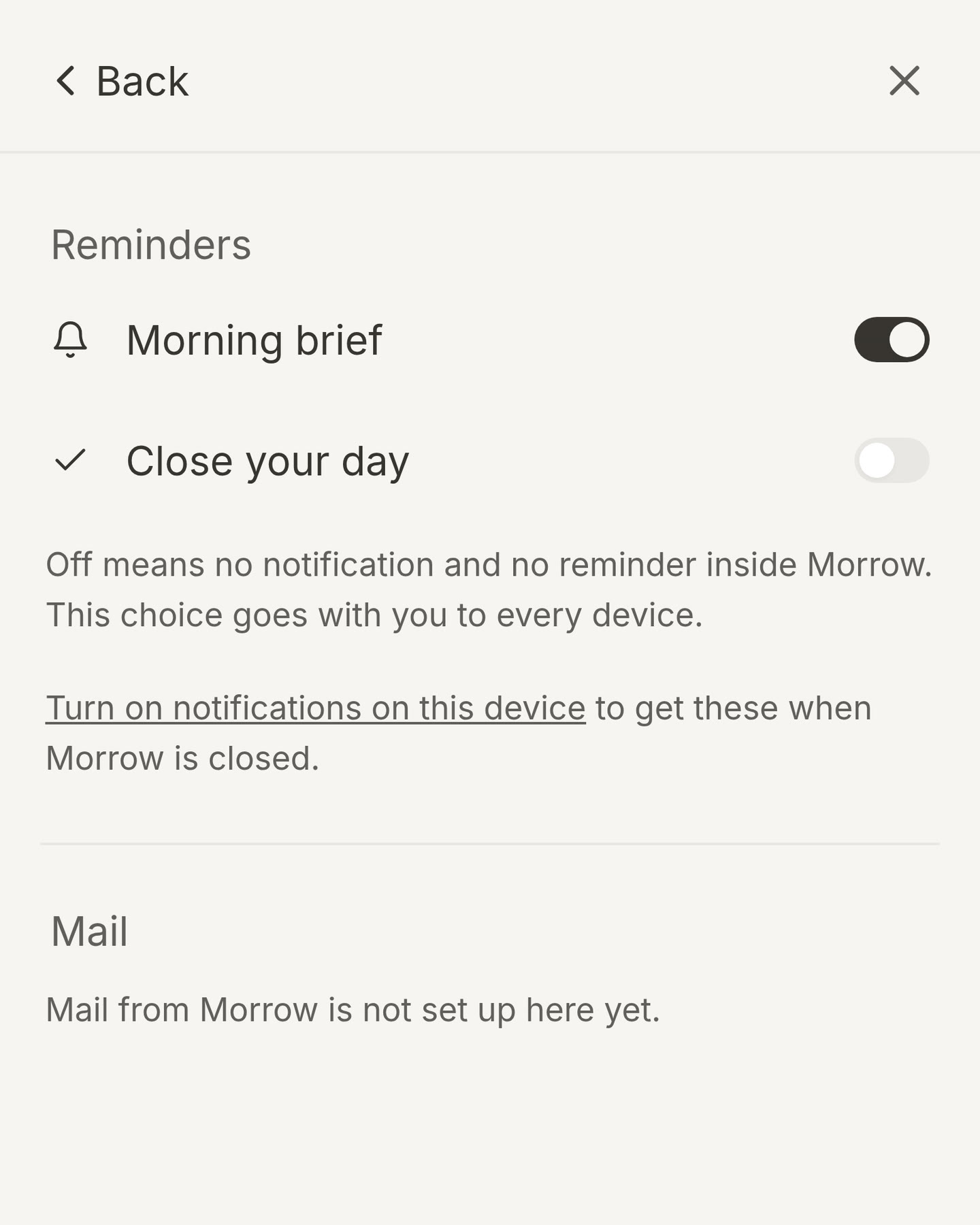 The Notifications menu with a switch for Morning brief, on, and one for Close your day, off