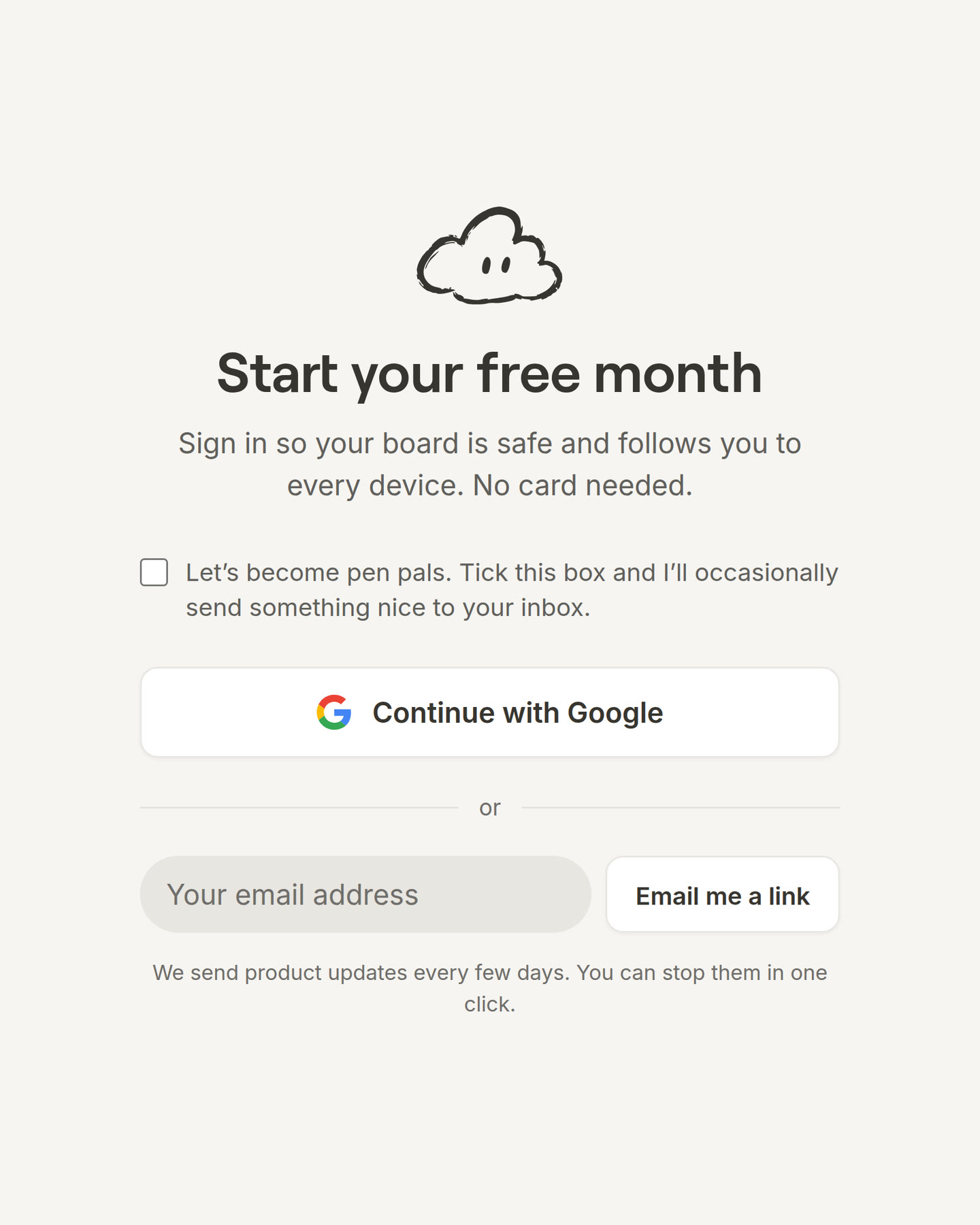 The sign-in page with the cloud, Continue with Google and a field for your email address