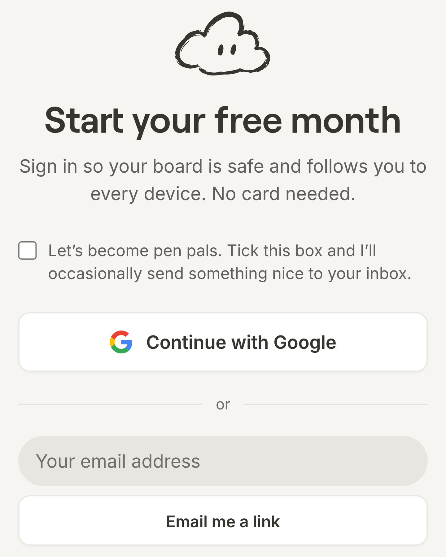The sign-in page with the cloud, Continue with Google and a field for your email address