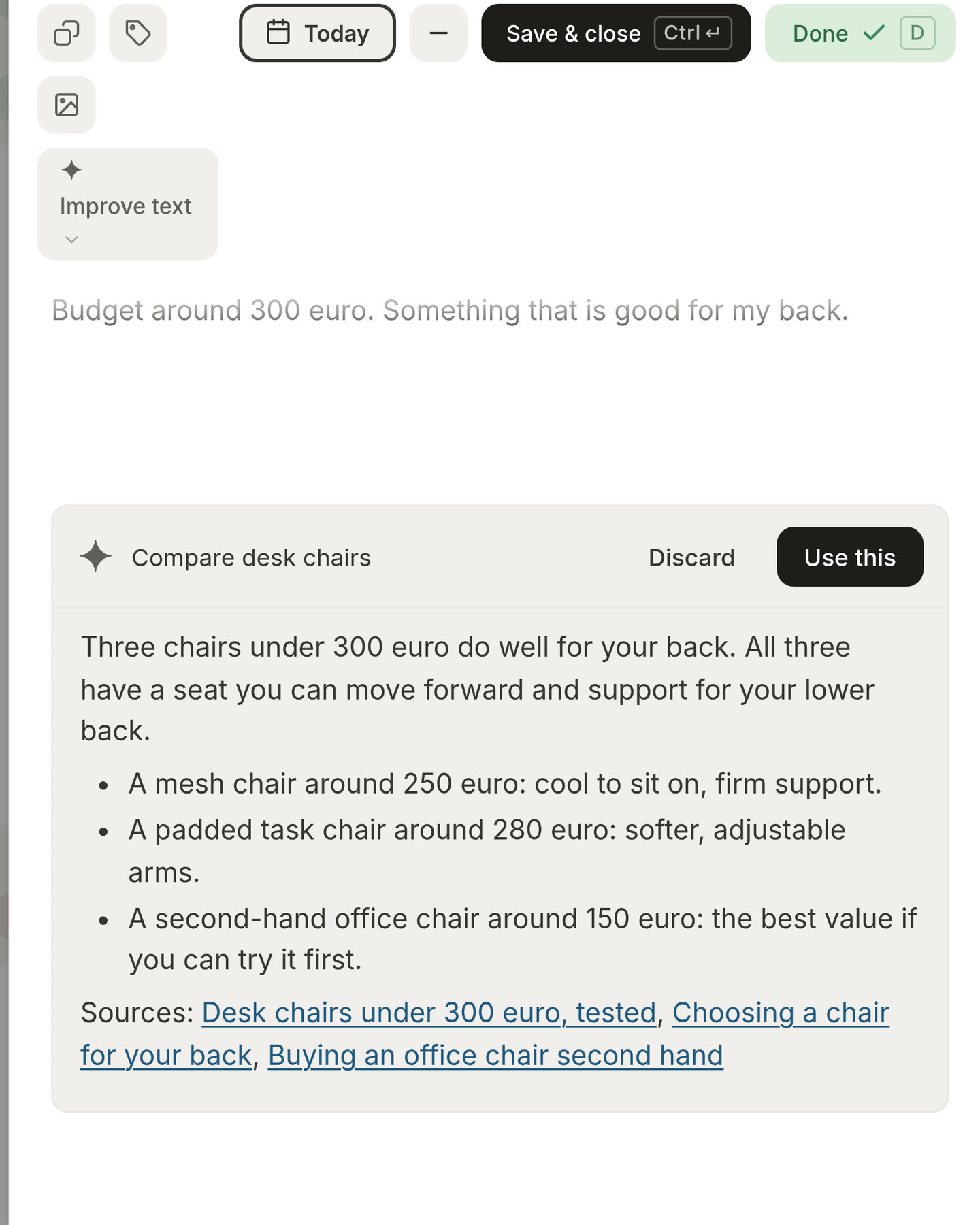 An answer from Morrow comparing desk chairs, with the links it read under it as Sources