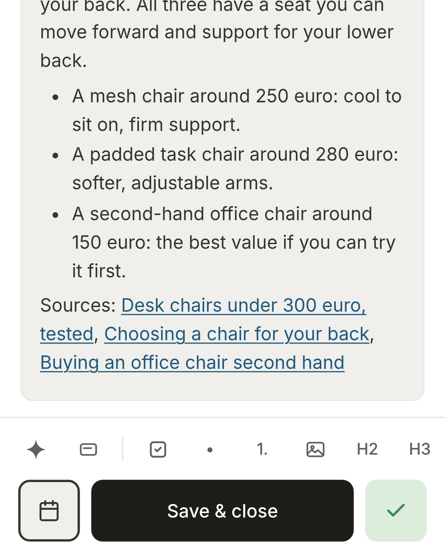 An answer from Morrow comparing desk chairs, with the links it read under it as Sources