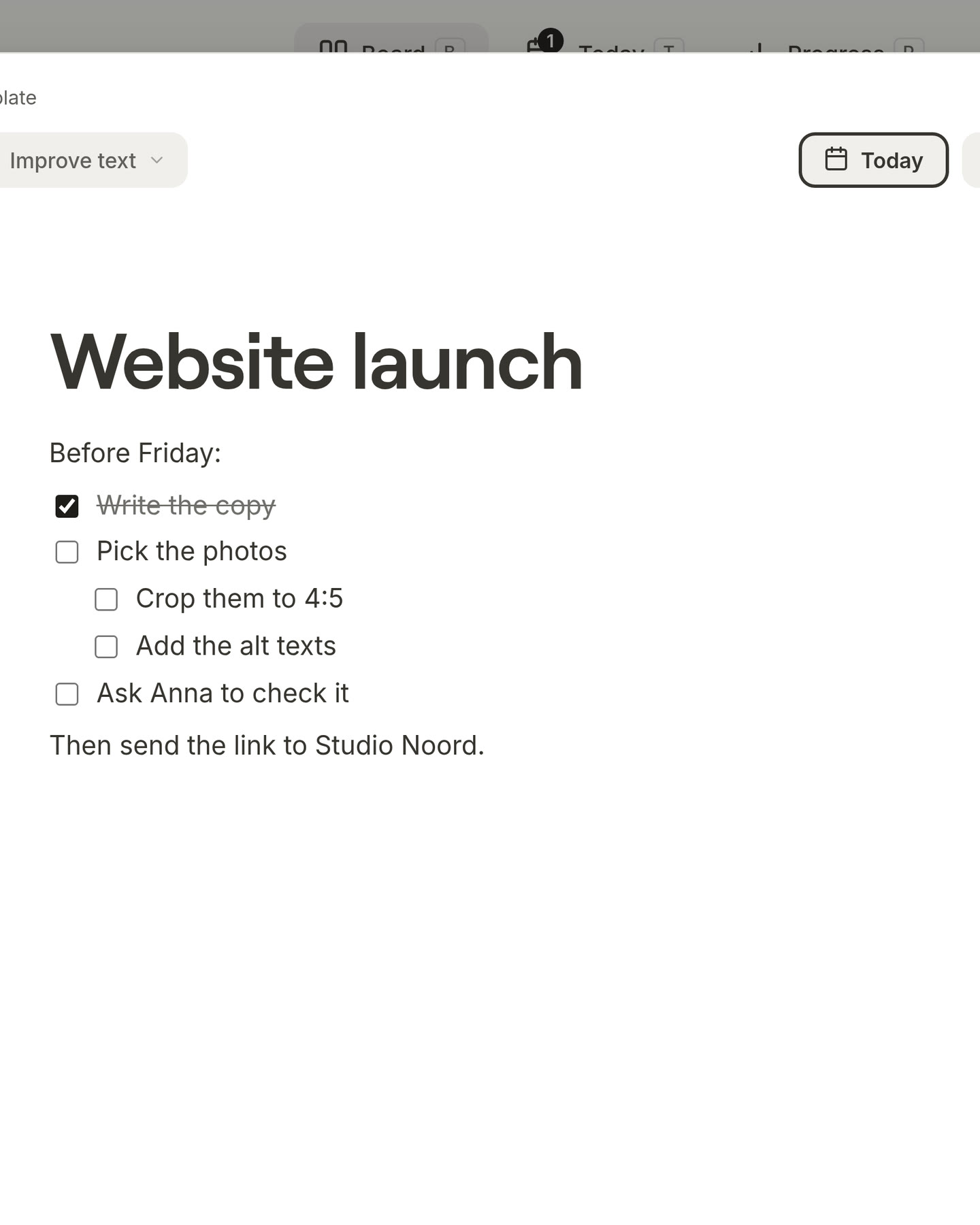 A checklist with two items indented under the one above