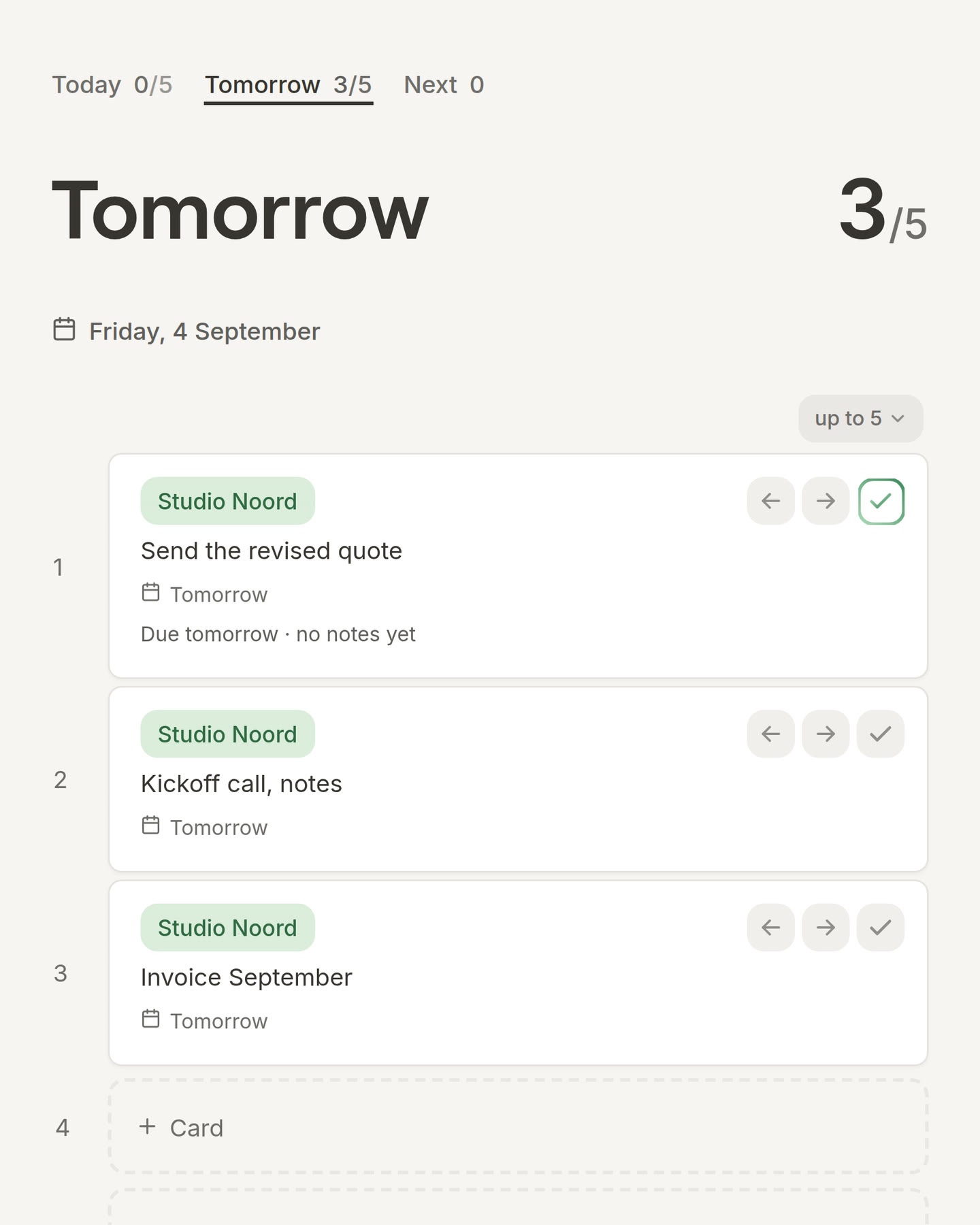 The Tomorrow page with the tick on the first card just pressed
