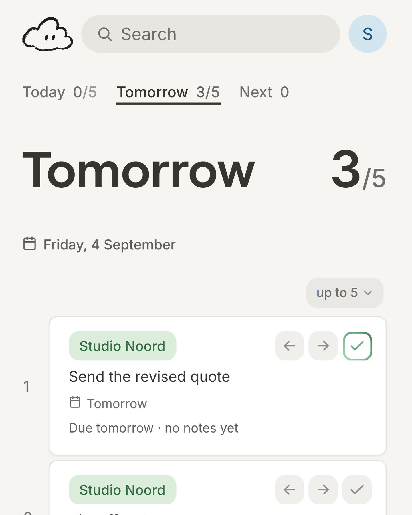 The Tomorrow page with the tick on the first card just pressed