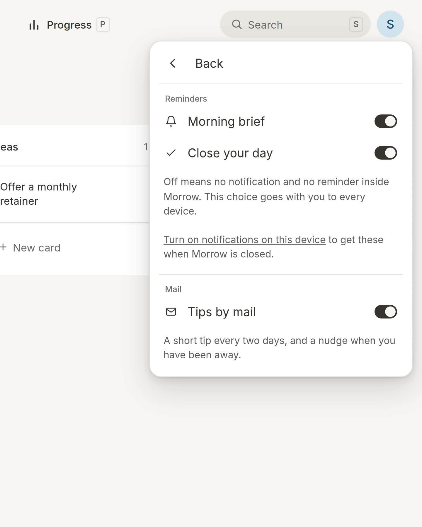 The Notifications page with the Tips by mail switch turned on